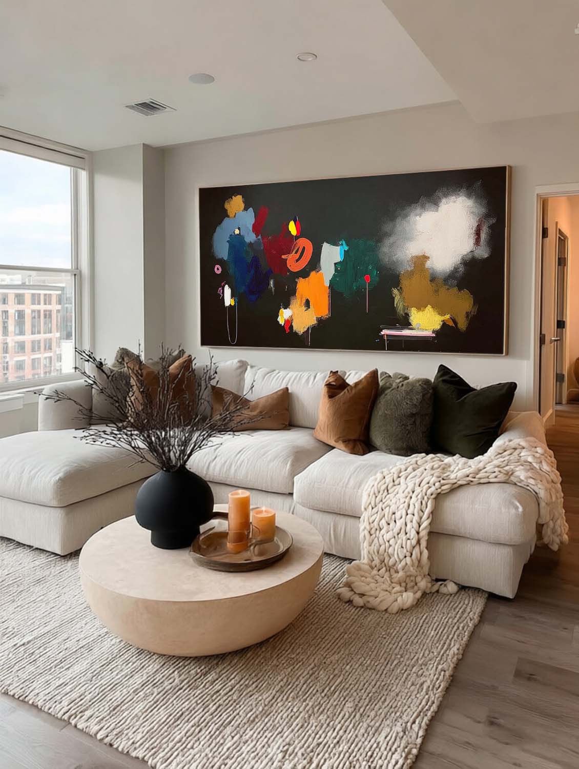 Large Horizontal Abstract Oil Painting With Vibrant Colors For Modern Living Room