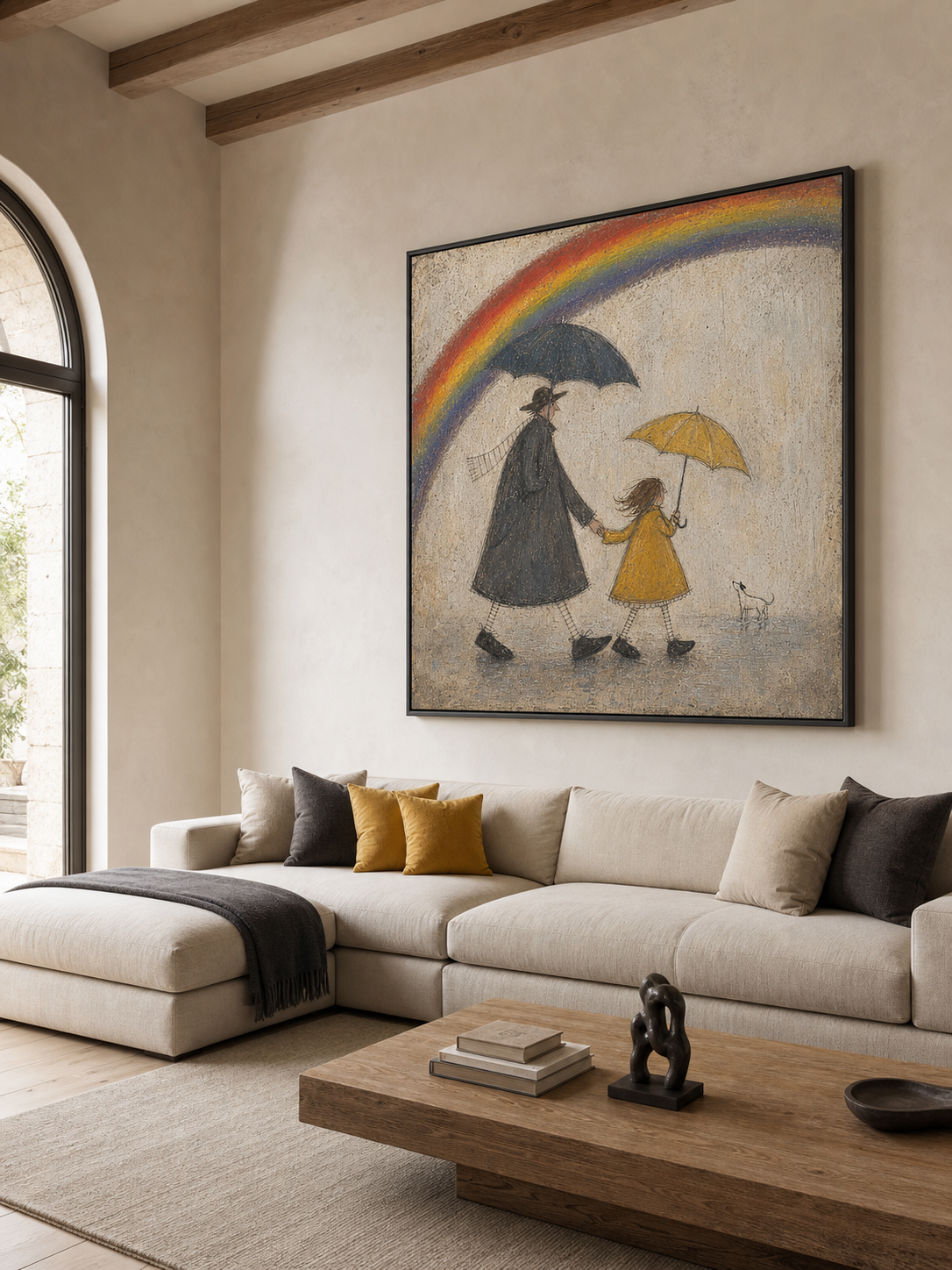 Original Handmade Painting Father And Daughter In Rain Minimalist Wall Art