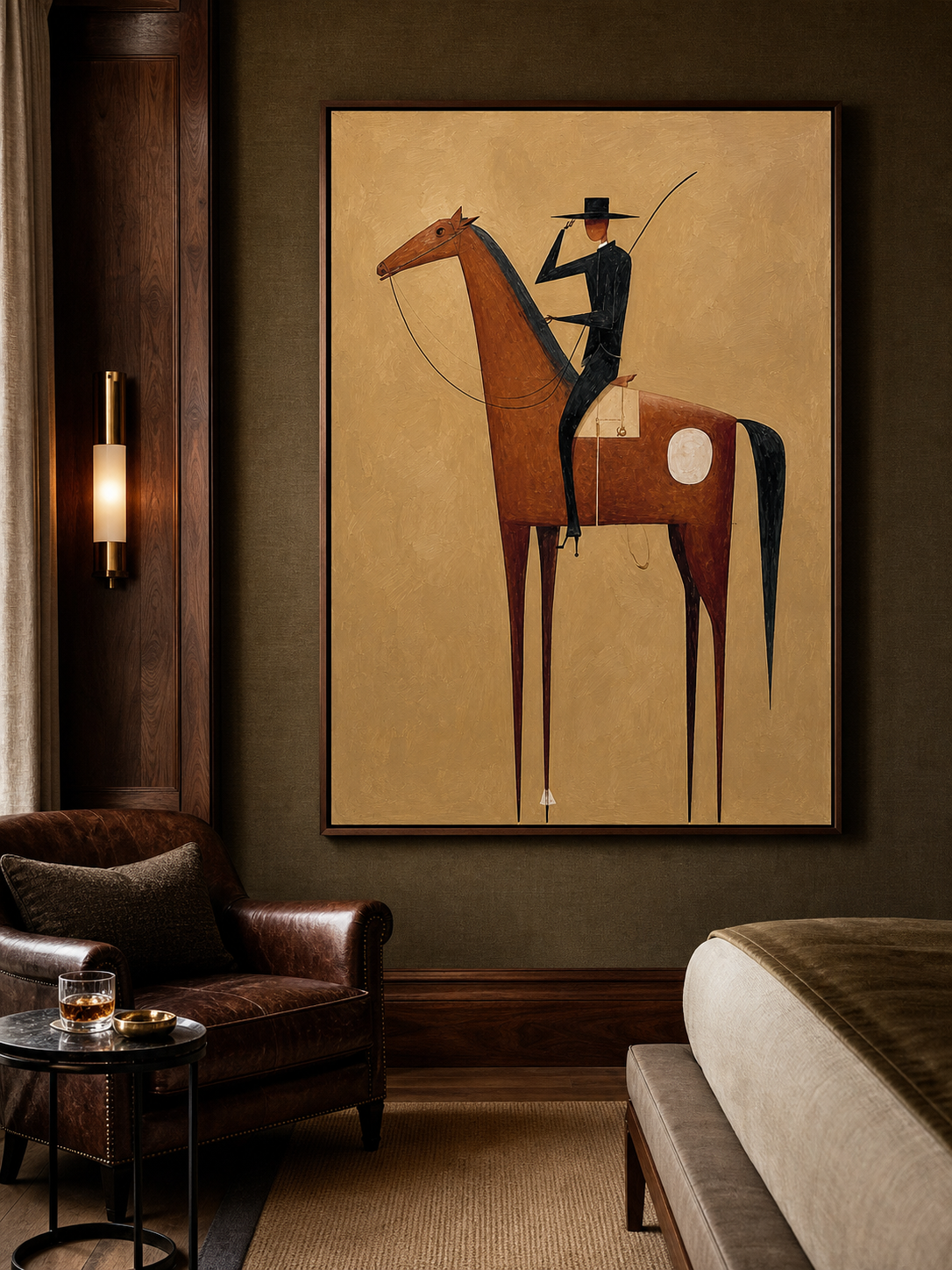 Vintage Minimalist Horse And Rider Painting For Modern Home Decor With Earthy Tones