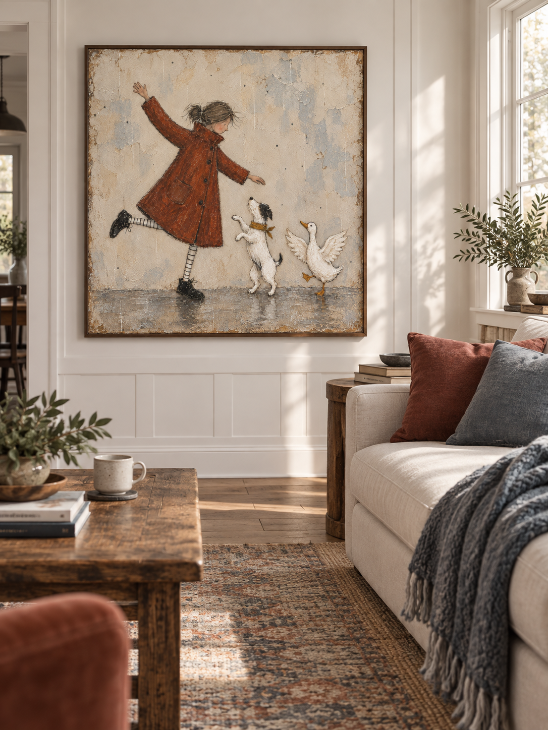 Hand-Painted Dancing Girl Canvas Art With Dog And Duck For Kids Room Decor