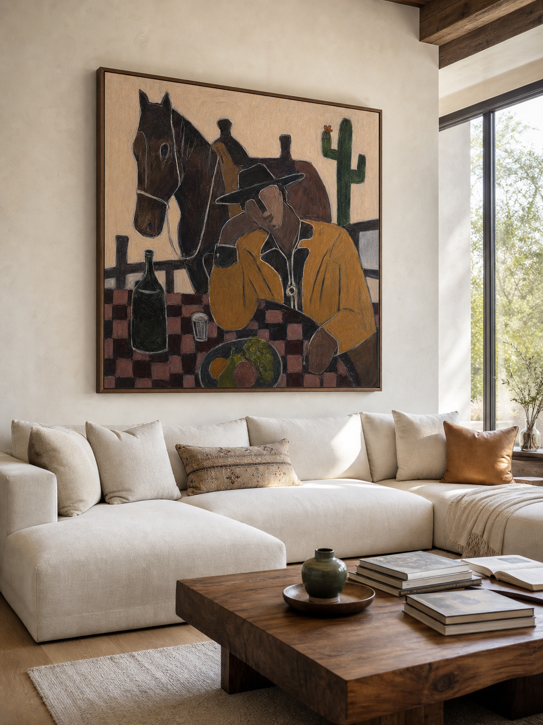 Modern Cowboy And Horse Painting For Rustic Home Decor With Earthy Tones