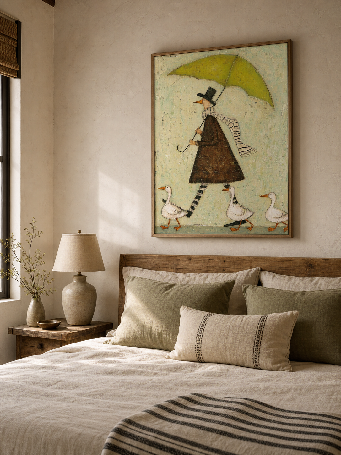 Whimsical Green Umbrella Man With Geese Original Oil Painting On Linen Canvas For Modern Home Decor