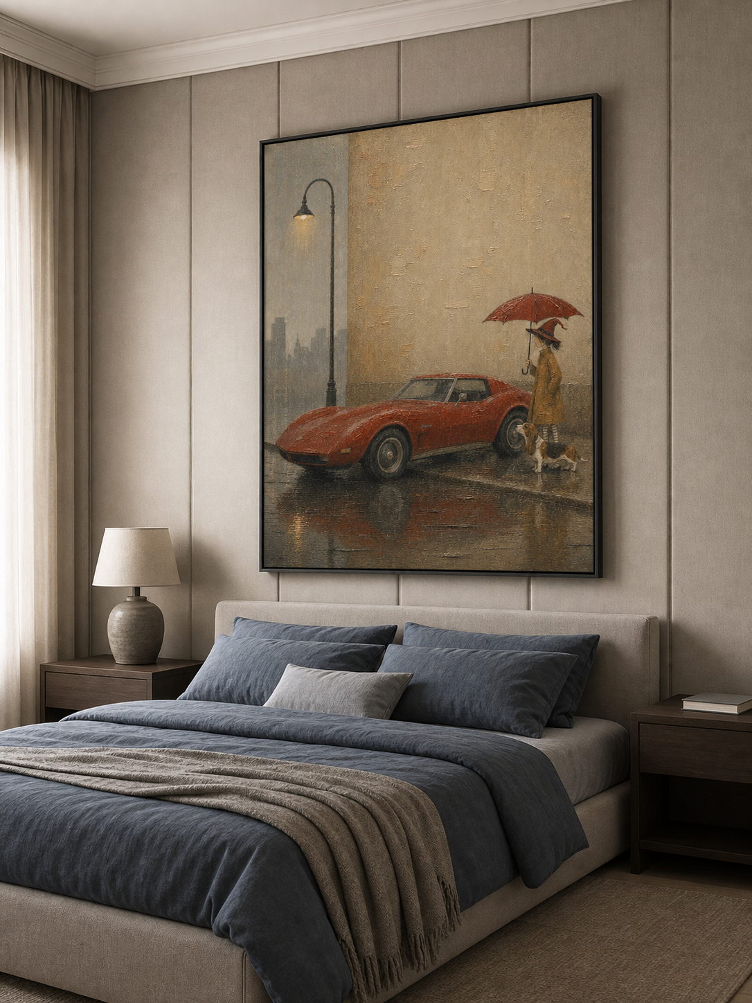 Vintage Rainy Day Travel Art With Dog And Classic Car For Home Decor