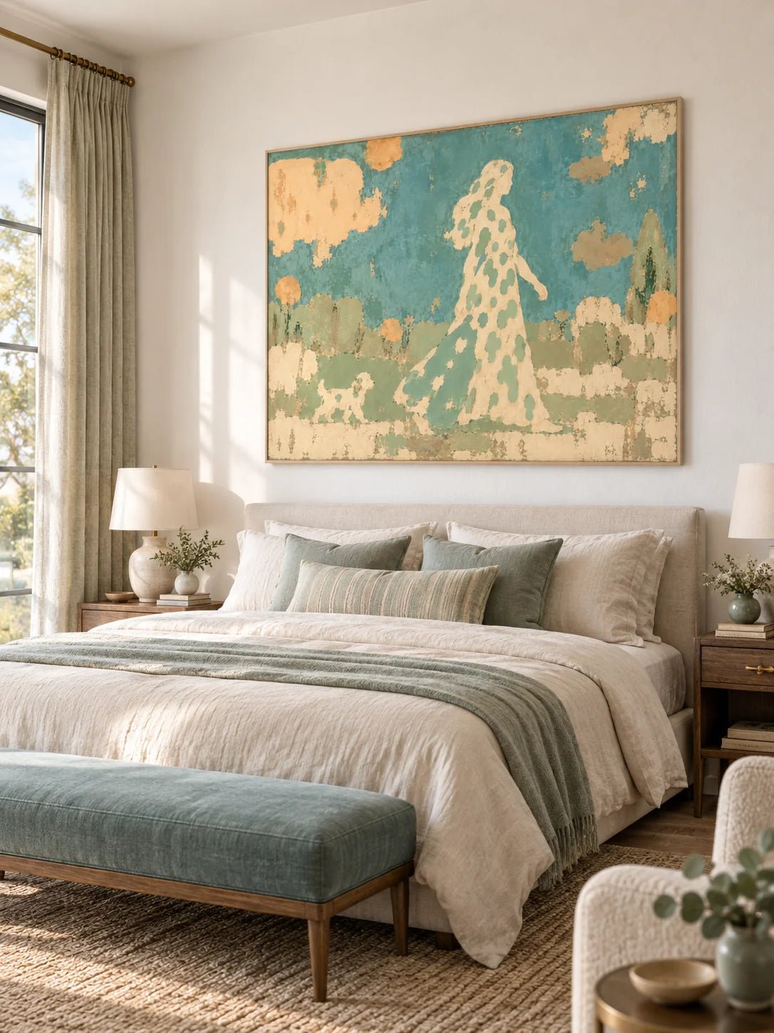 Large Botanical Pet Companion Wall Art In Blue And Cream For Bedroom Decor