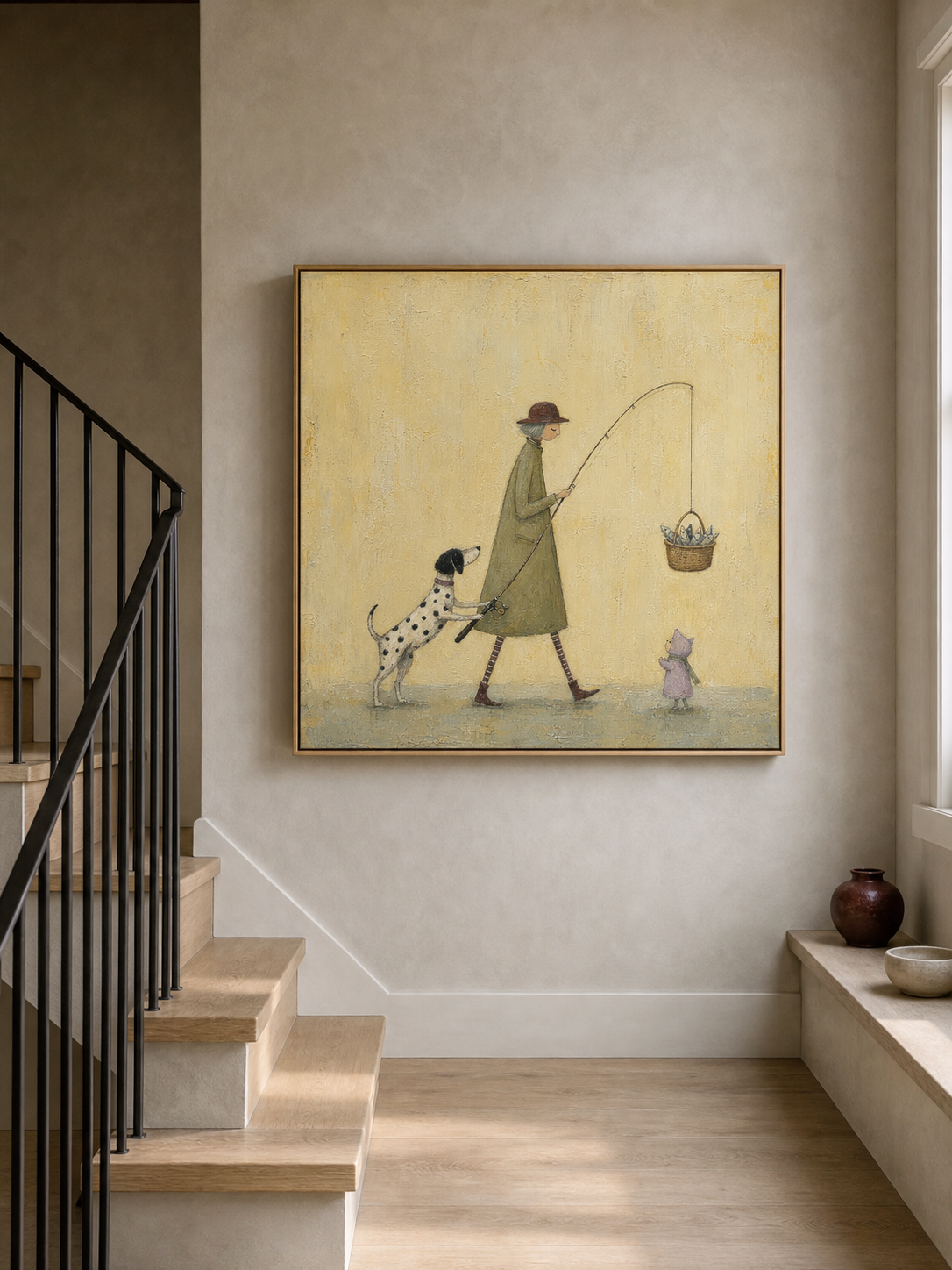 Whimsical Dog Fishing Painting For Kids Room Vintage Style Square Canvas Art
