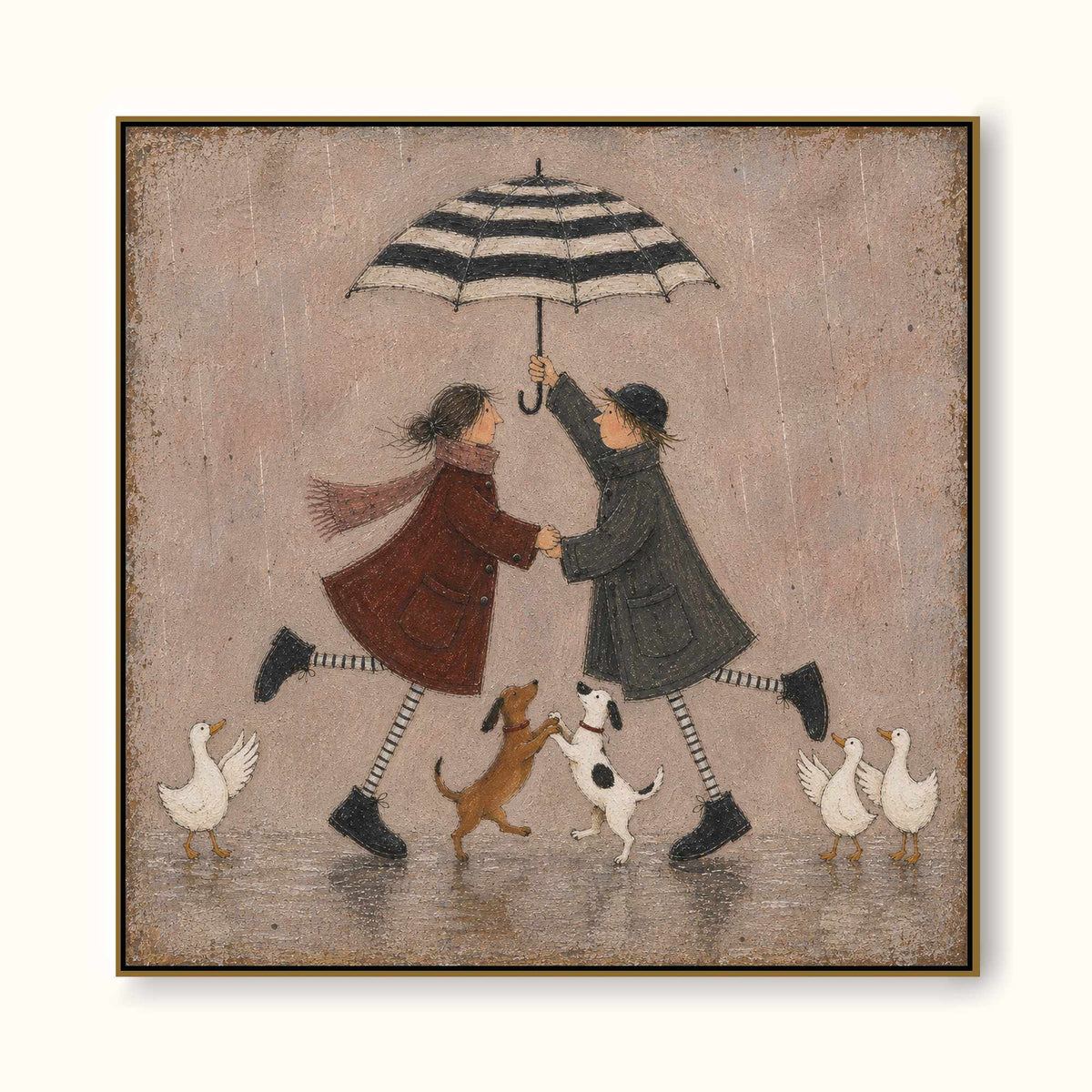 Romantic Couple Dancing In Rain With Dogs Hand-Painted Canvas Wall Art