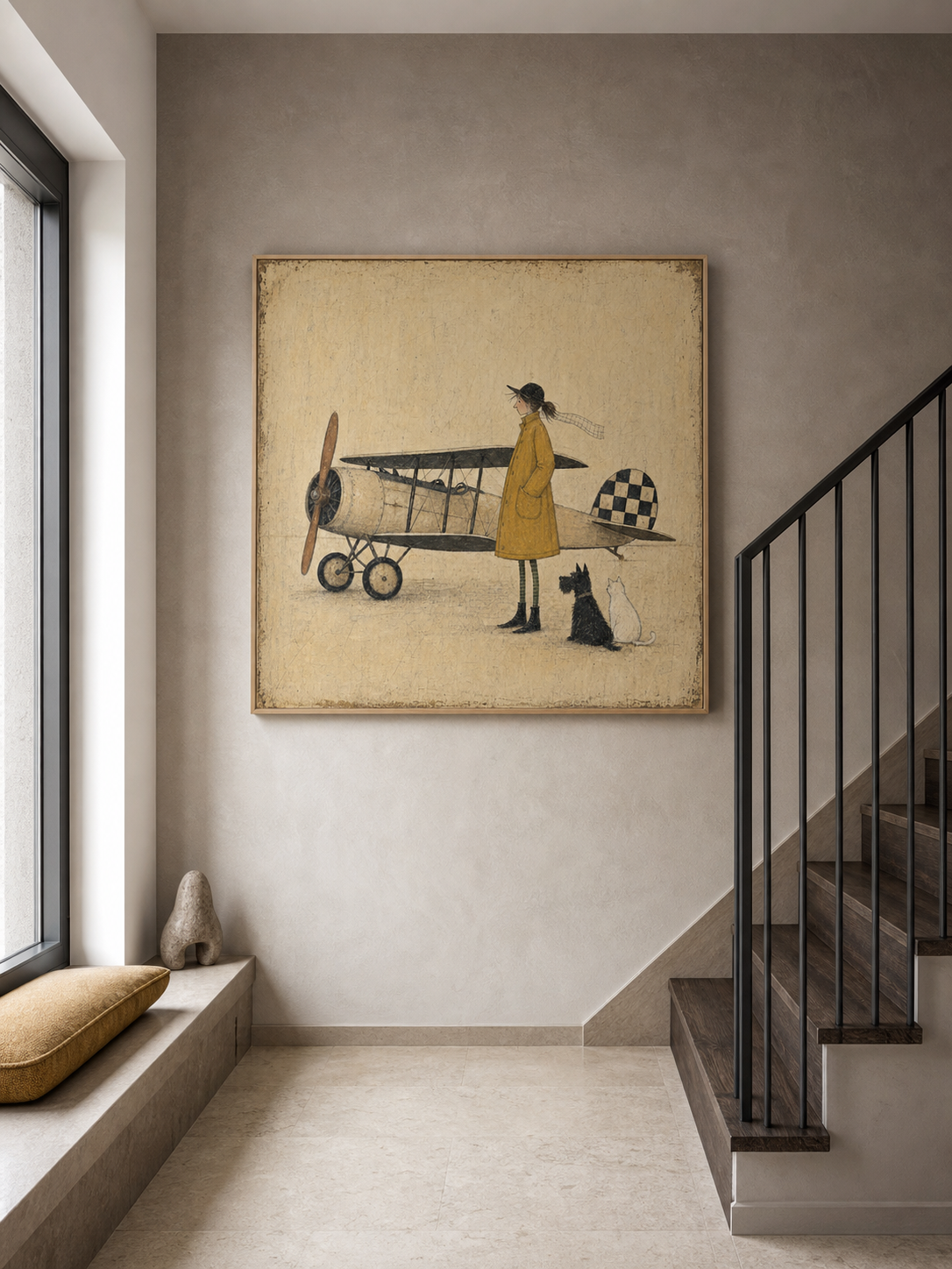 Vintage Airplane Painting With Girl And Pets Classic Aviation Art For Kids Room Decor