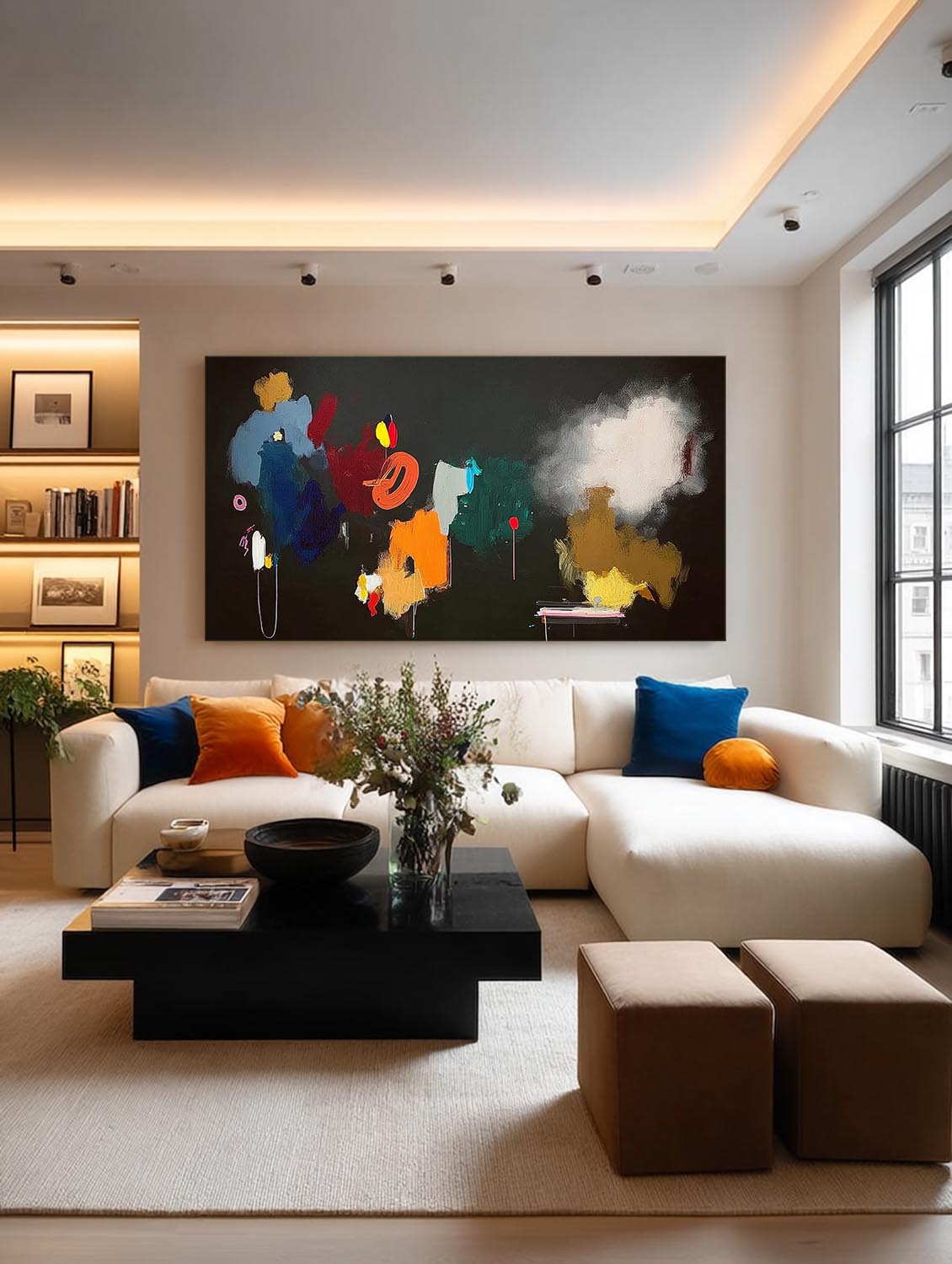 Large Horizontal Abstract Oil Painting With Vibrant Colors For Modern Living Room