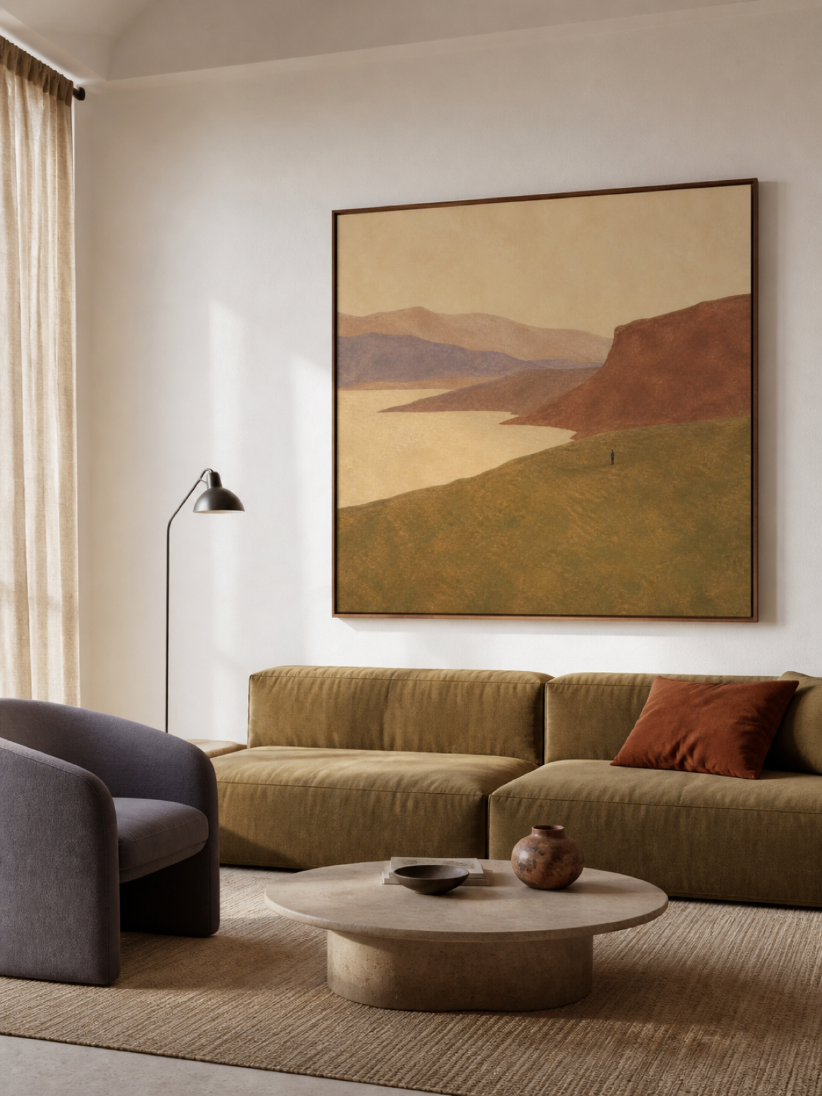 Solitary Figure Mountain Valley Hand-Painted Canvas Art In Earth Tones