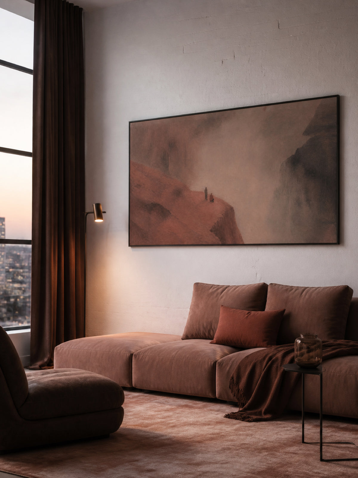 Misty Canyon Travelers Hand-Painted Wall Art Original Canvas Painting In Earth Tones