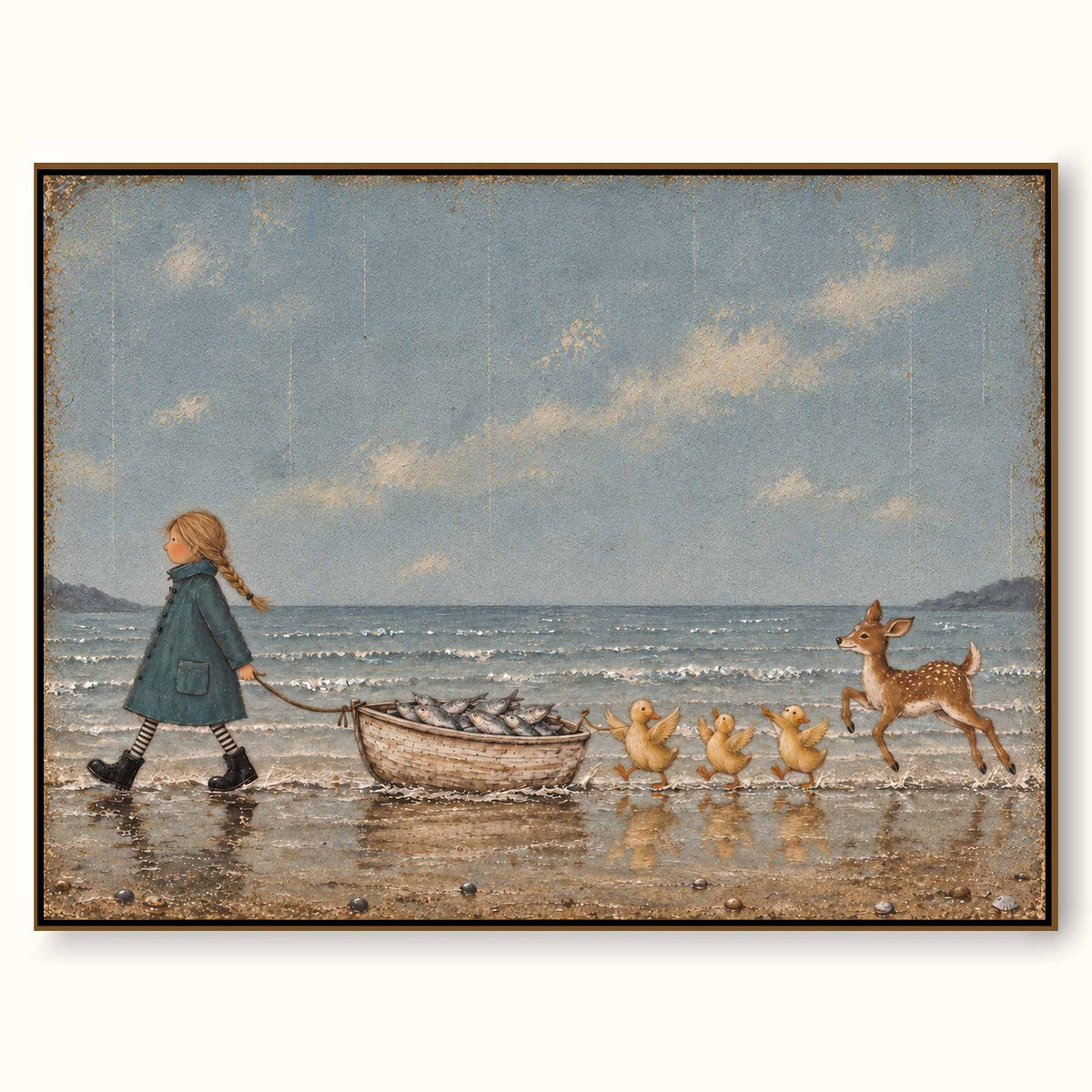 Whimsical Girl And Animals Coastal Canvas Painting Hand-Painted Wall Art