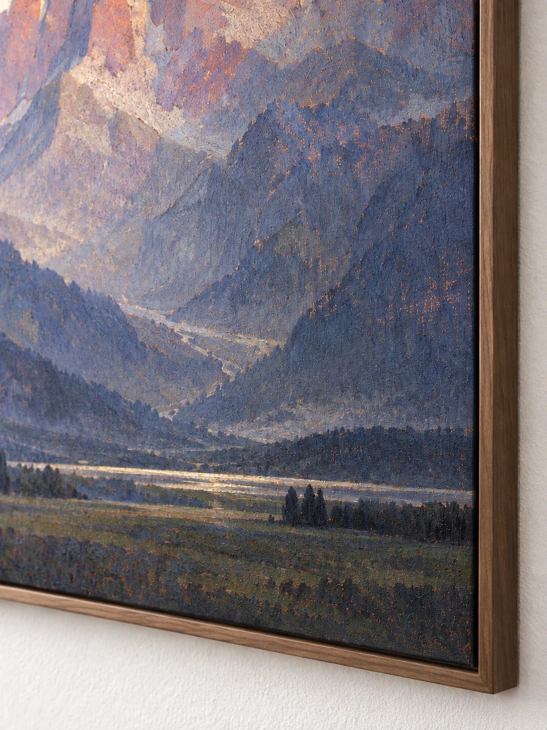Majestic Mountain Landscape Painting Alpine Valley Nature Wall Art Sunlit Peaks Scenic Canvas Decor