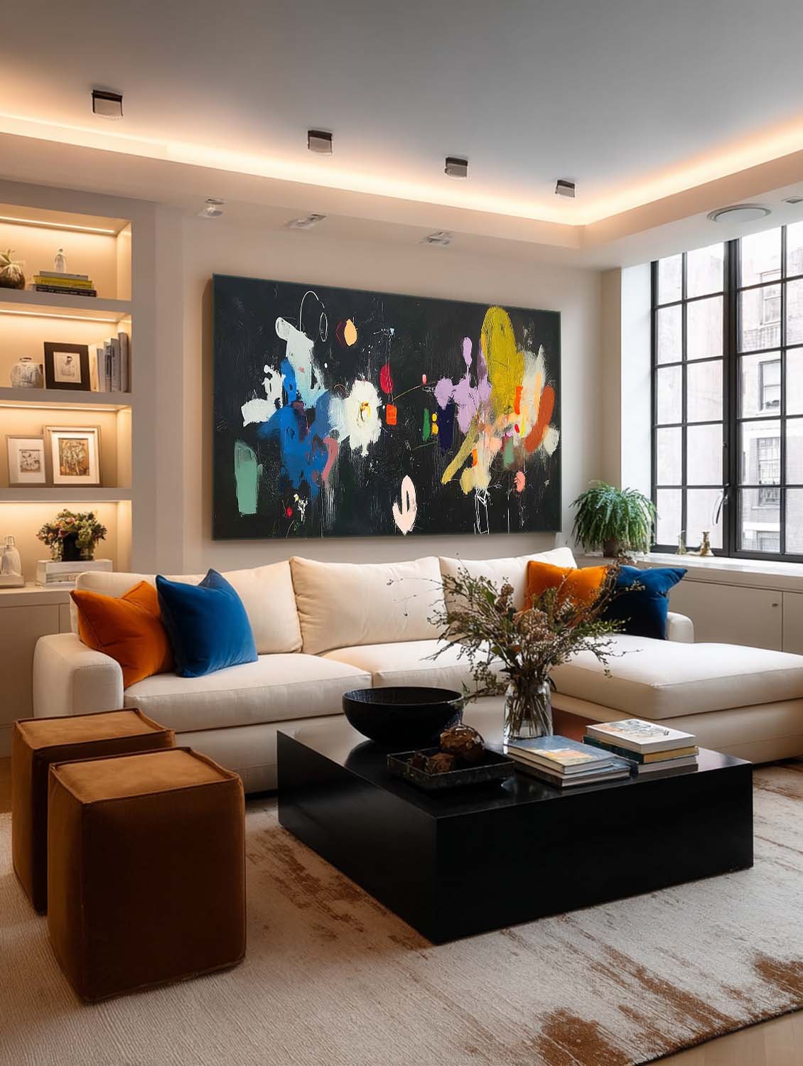 Large Horizontal Abstract Painting With Vibrant Colors On Black Canvas