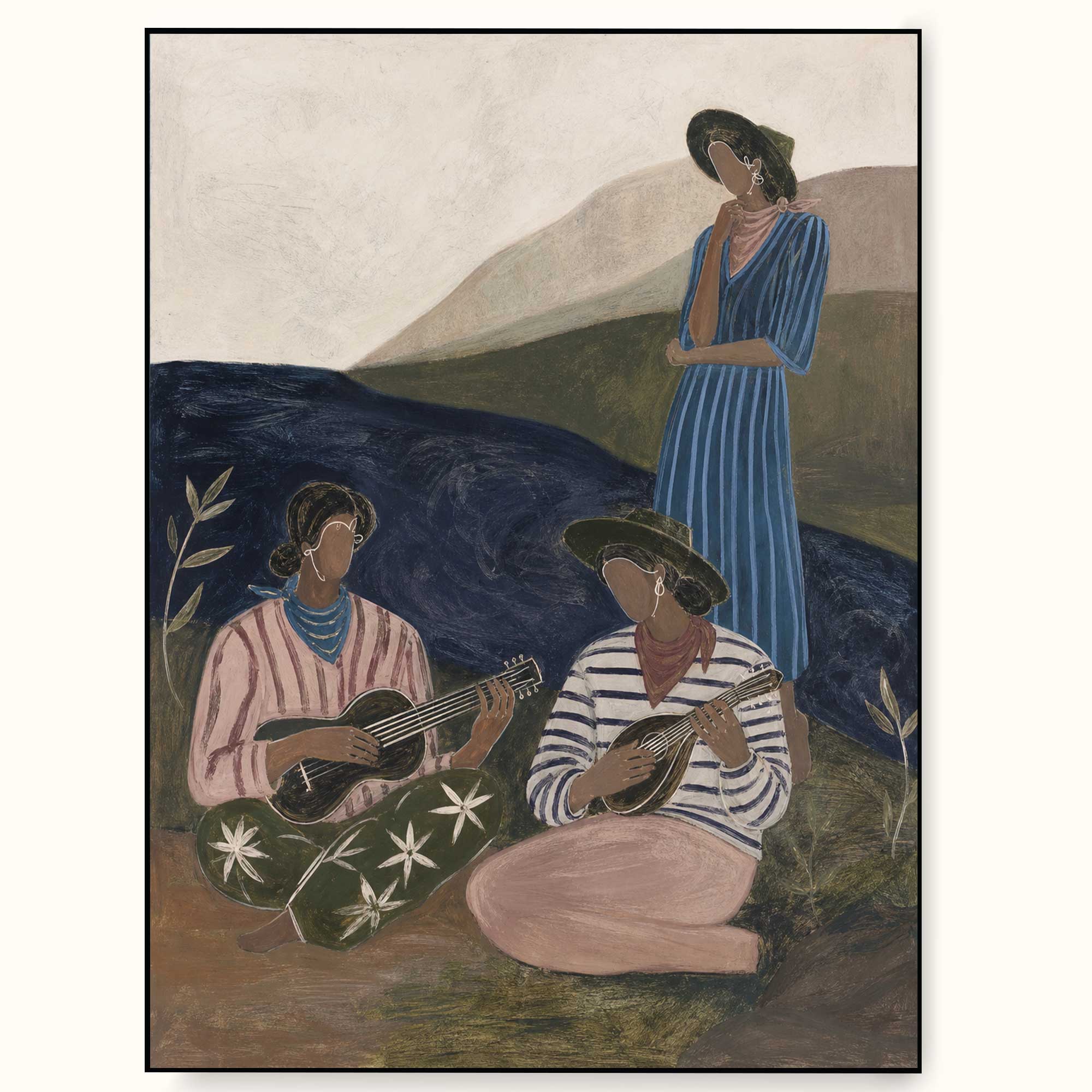 Original Hand Painted Seaside Musicians Painting Vintage Coastal Gathering Wall Art