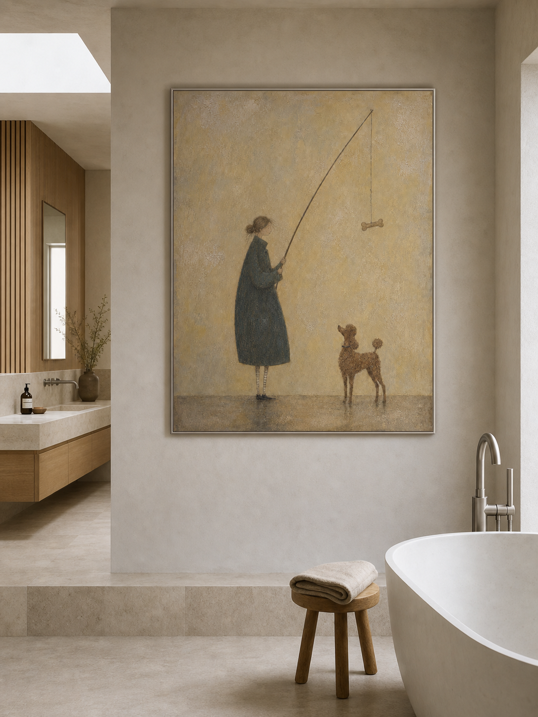 Large Man With House And Poodle Oil Painting Handmade Whimsical Wall Art