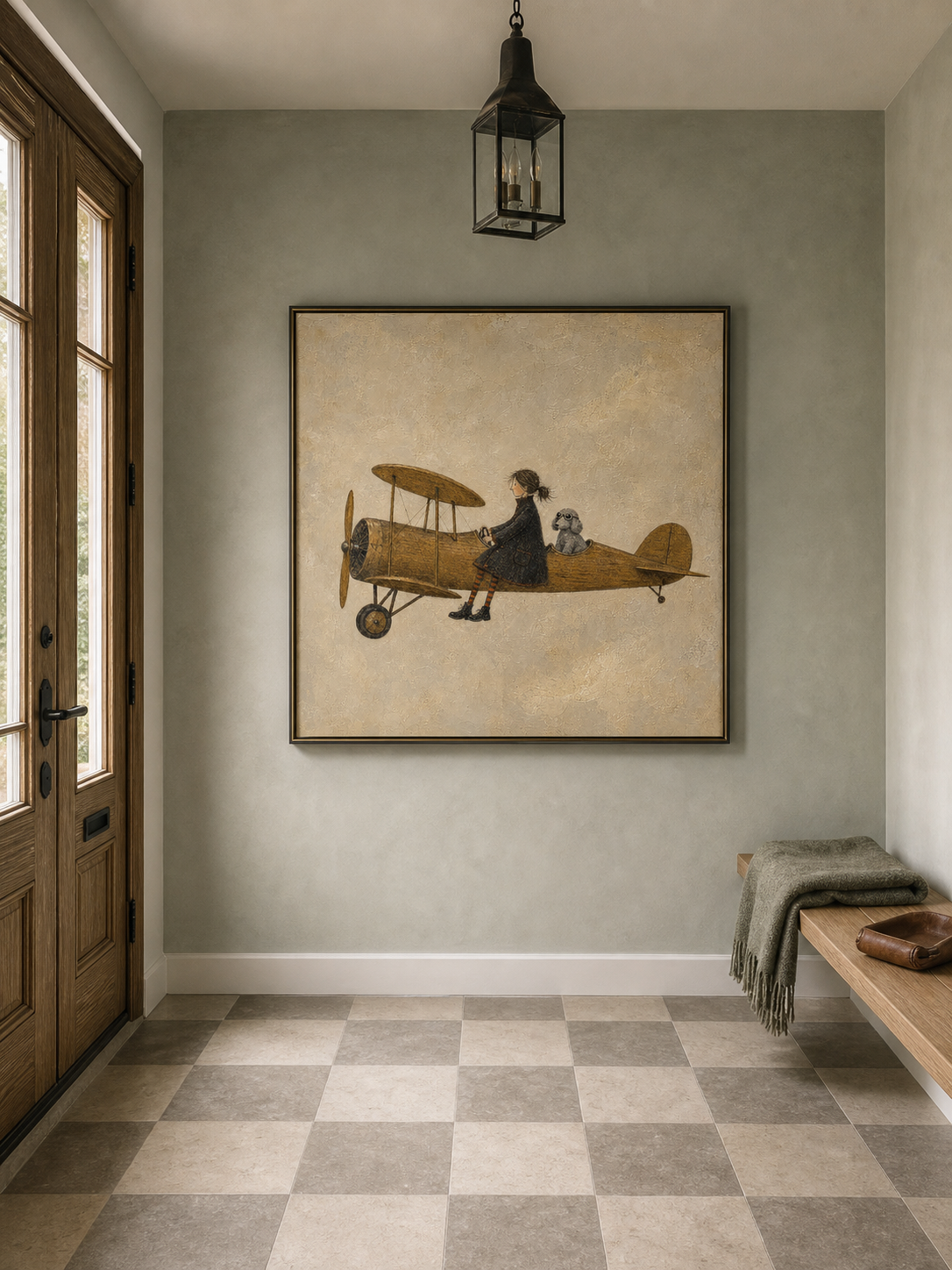 Whimsical Pilot And Dog Aviation Painting Vintage Style Art For Home Decor