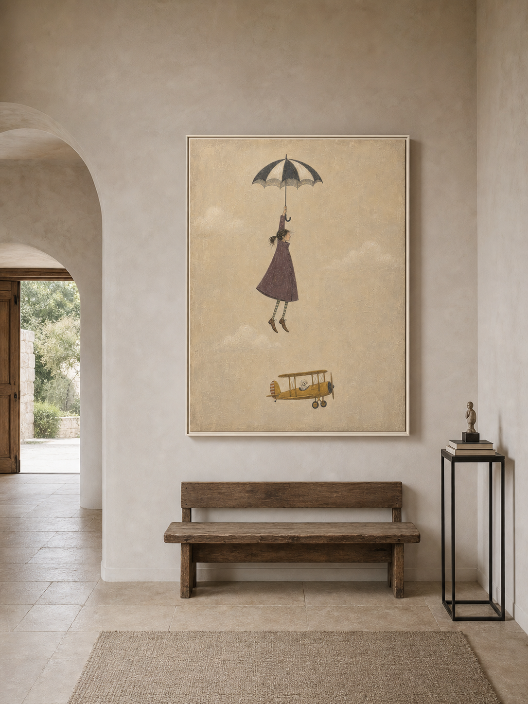 Vintage Style Minimalist Painting Of Flying Figure With Umbrella And Classic Yellow Airplane