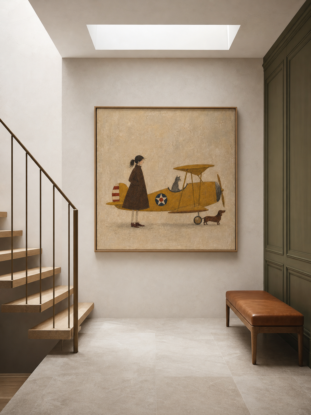 Whimsical Vintage Airplane Painting With Cat And Dog For Eclectic Home Decor