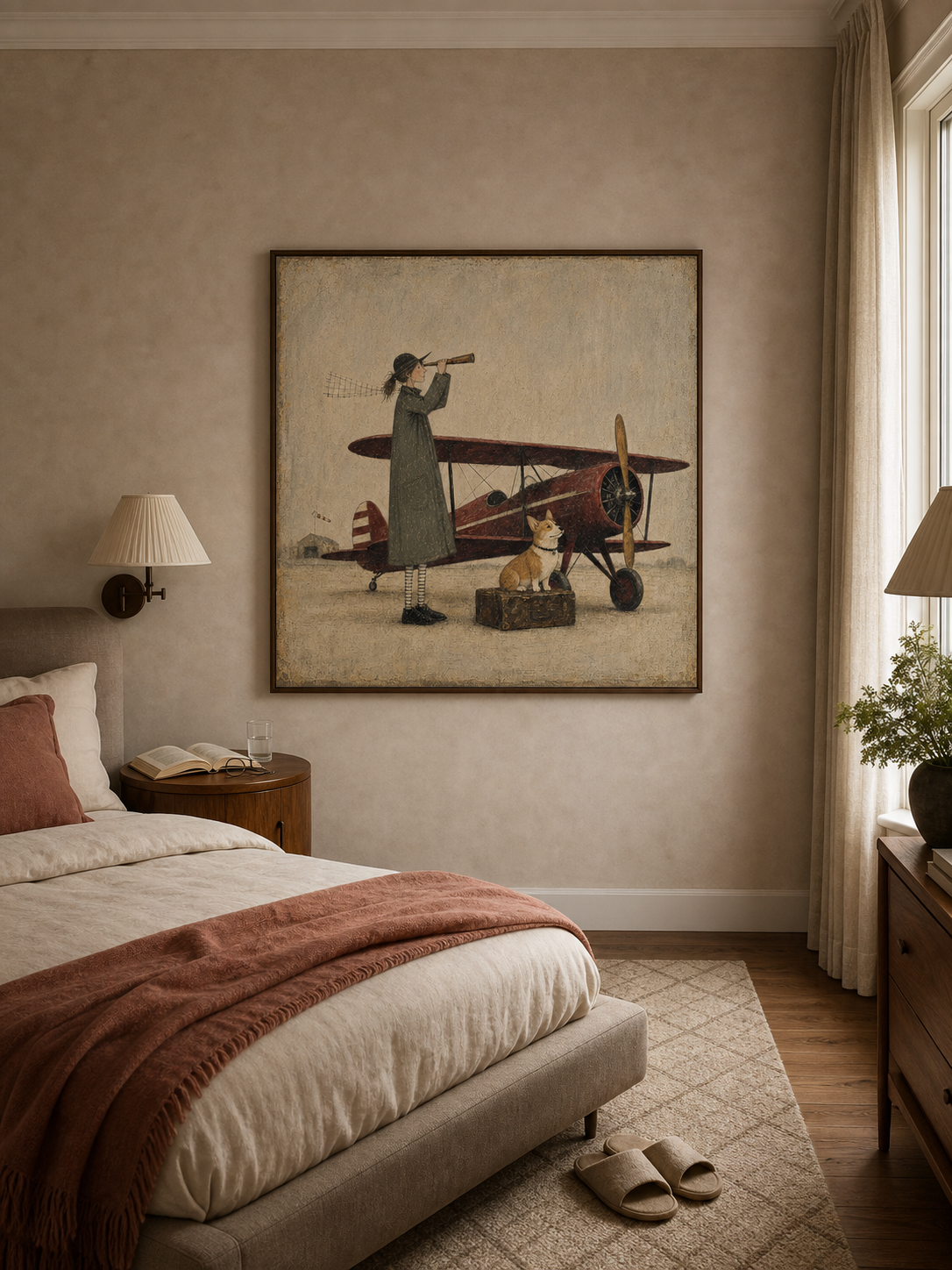 Vintage Airplane And Dog Painting For Travel Lovers Home Decor Art