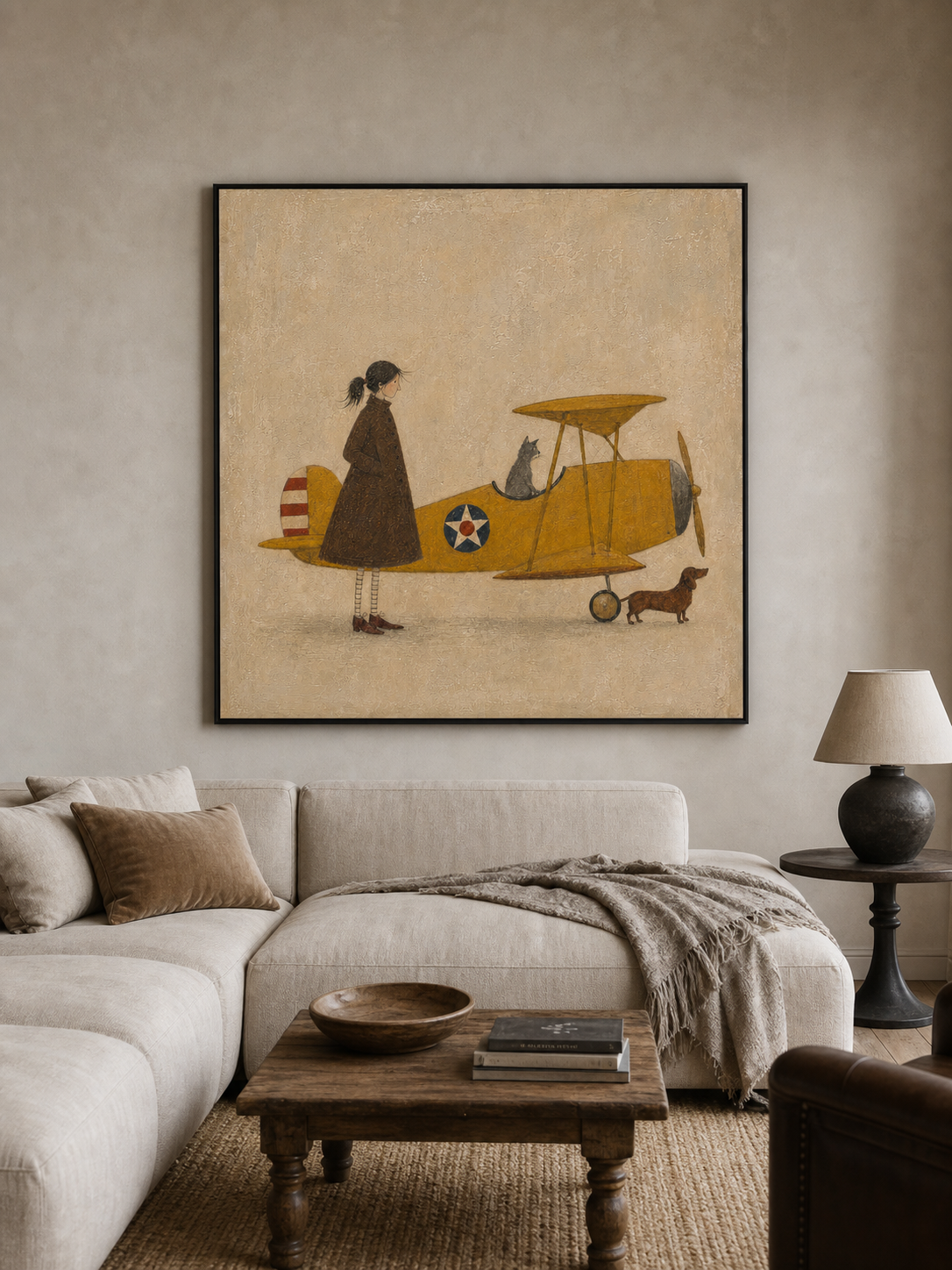 Whimsical Vintage Airplane Painting With Cat And Dog For Eclectic Home Decor