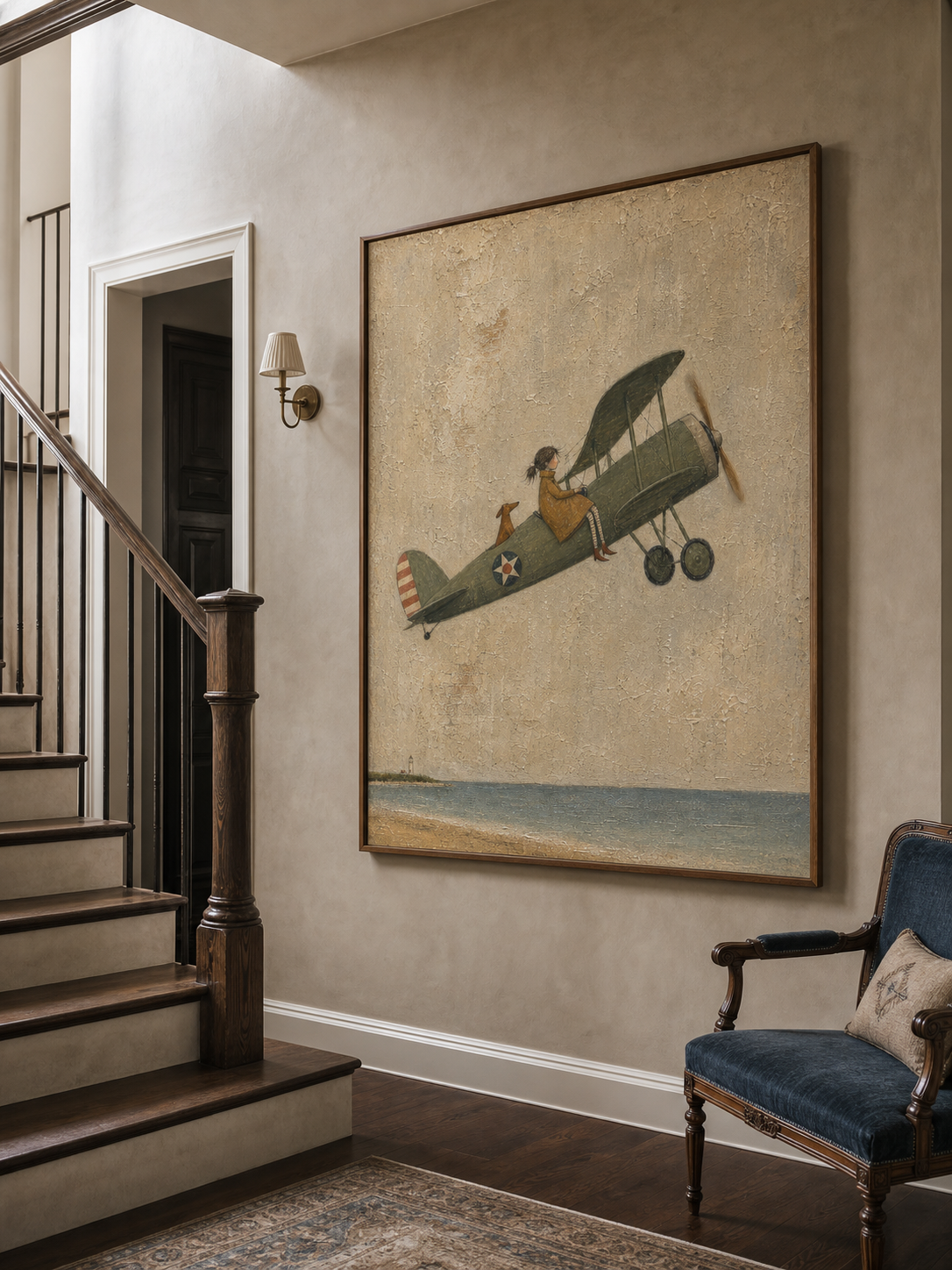 Vintage Airplane Painting Coastal Scene Original Art For Home Decor