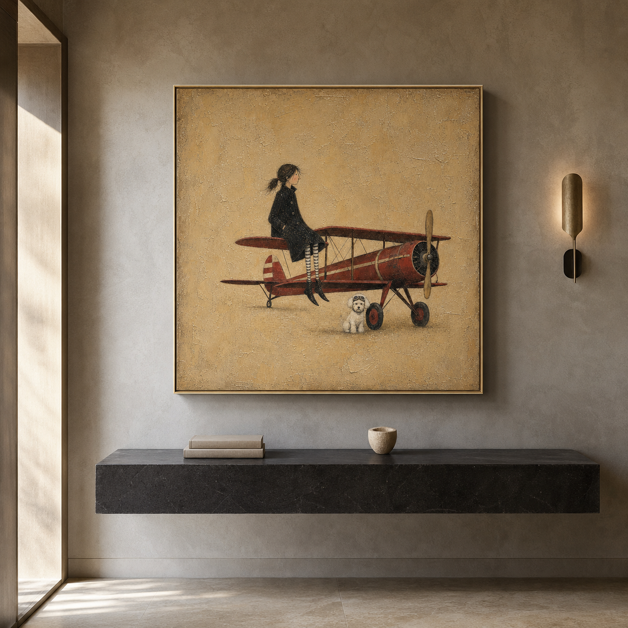 Original Surrealist Oil Painting Aviator Wall Art Handmade Canvas Vintage Airplane Fine Art