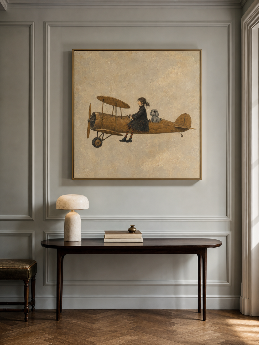 Whimsical Pilot And Dog Aviation Painting Vintage Style Art For Home Decor