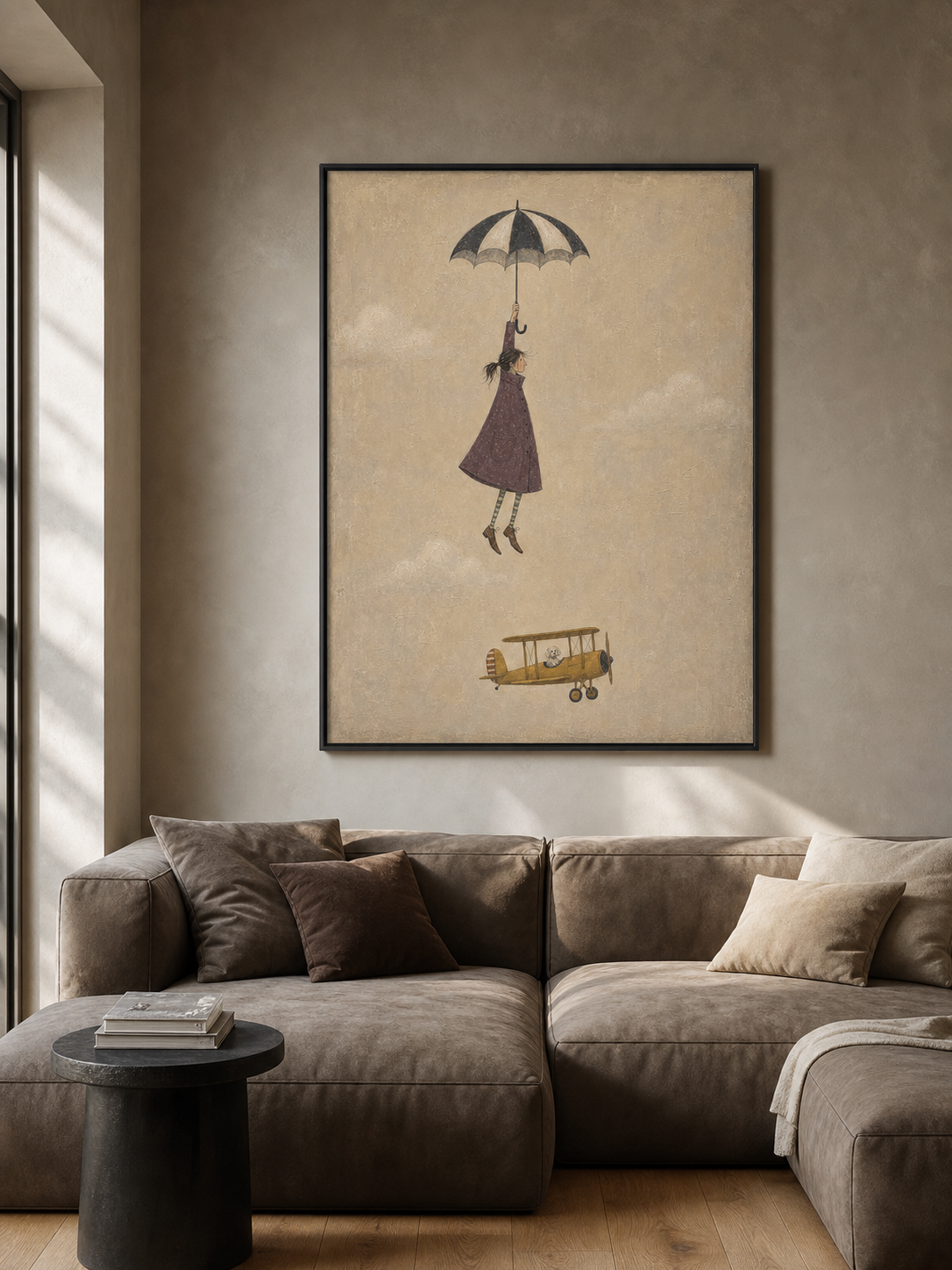 Vintage Style Minimalist Painting Of Flying Figure With Umbrella And Classic Yellow Airplane