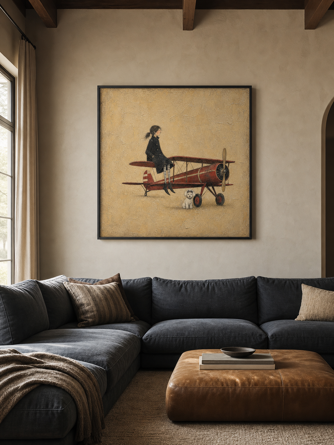 Original Surrealist Oil Painting Aviator Wall Art Handmade Canvas Vintage Airplane Fine Art