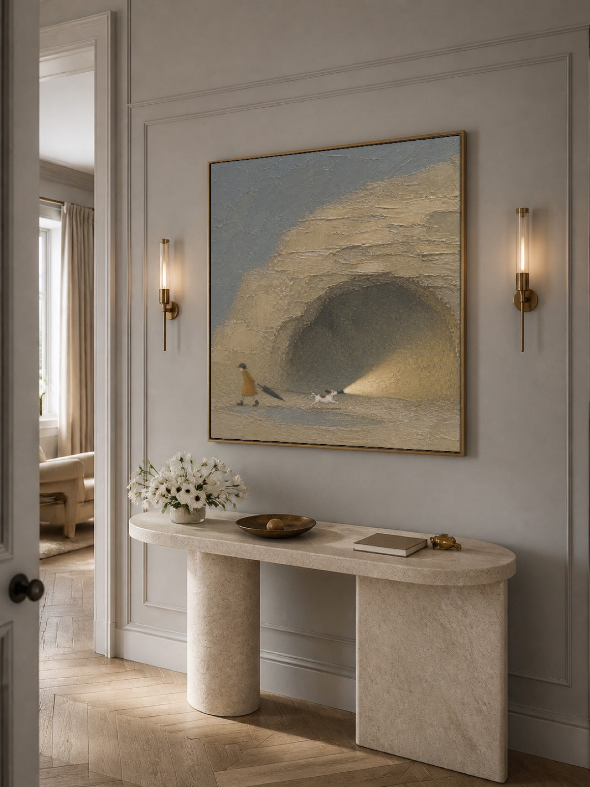 Textured Coastal Travel Art With Surreal Cave Scene In Beige And Grey Tones For Living Room