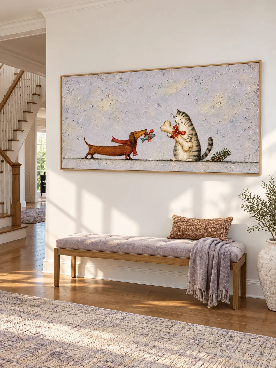 Hand-Painted Cat And Dog Art With Holiday Gifts Canvas Painting