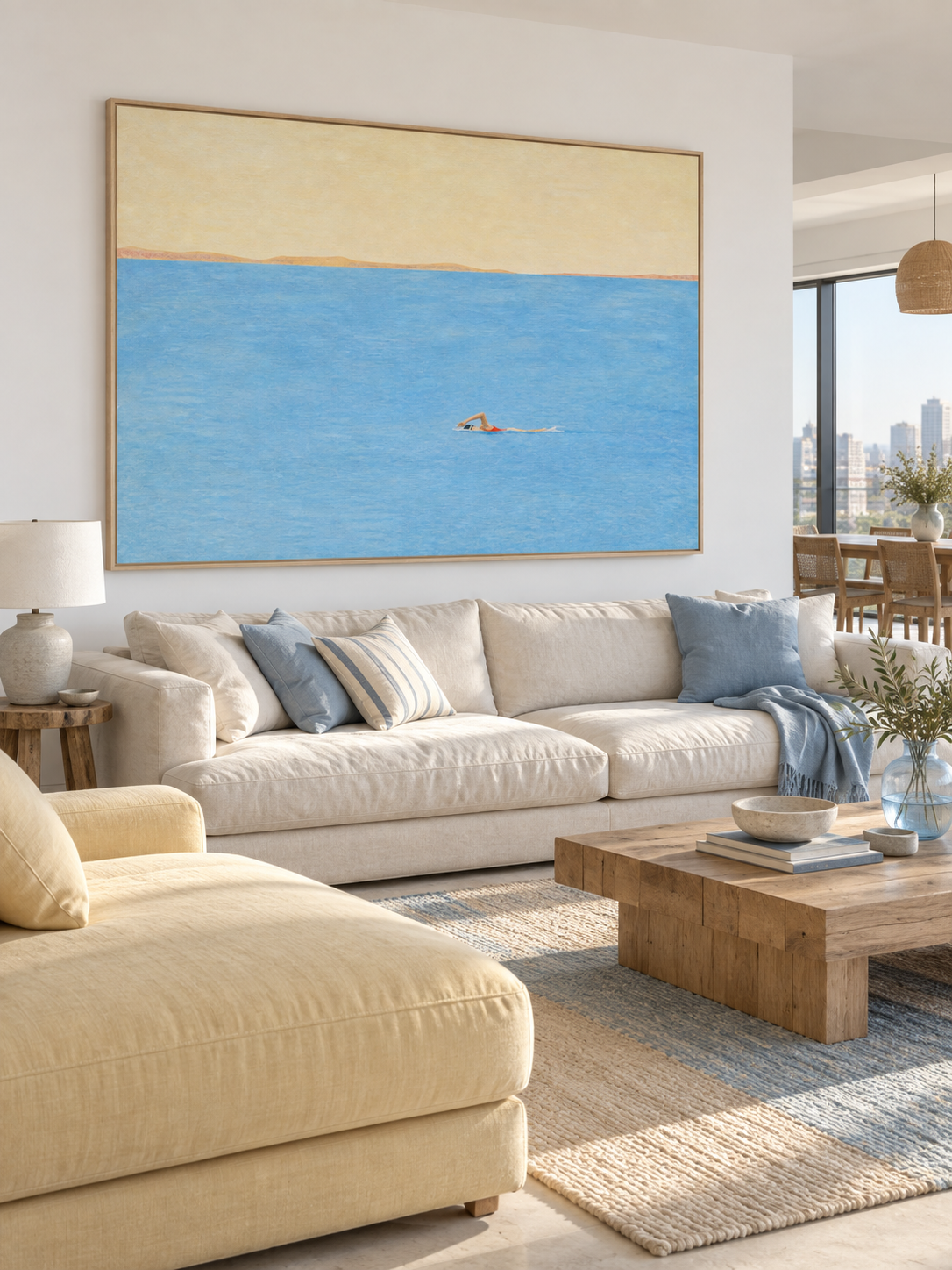 Minimalist Freestyle Swimmer Art For Serene Coastal Interior Design Spaces
