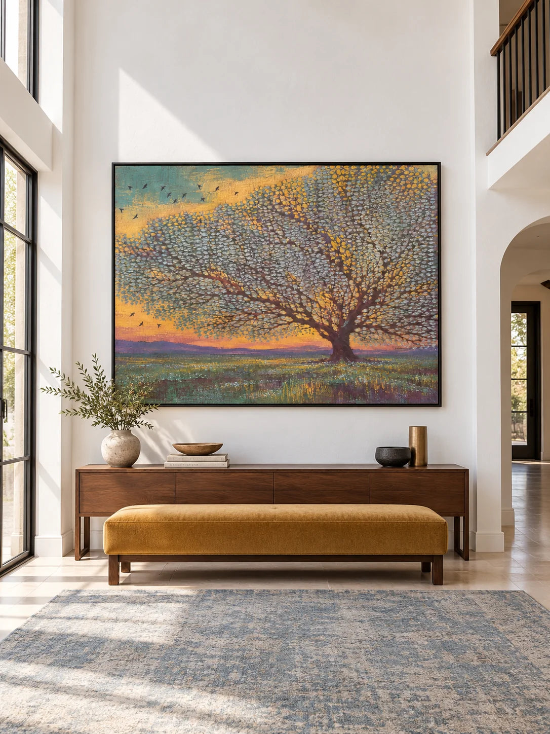 Contemporary Teal And Gold Tree Painting Large Textured Sunset Landscape Artwork
