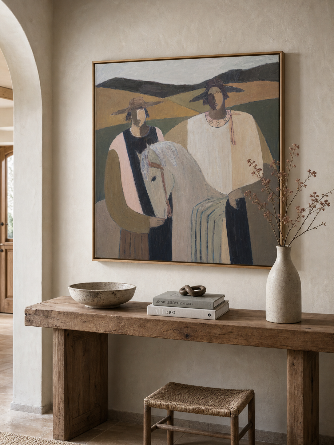 Contemporary Folk Art Painting With Horse And Figures In Earthy Tones For Modern Home Decor