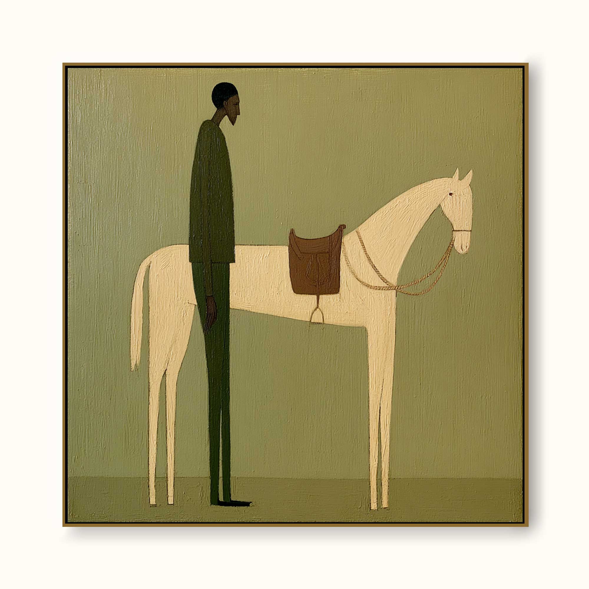 Vintage Minimalist Oil Painting Of Man With Horse In Large Framed Canvas Art