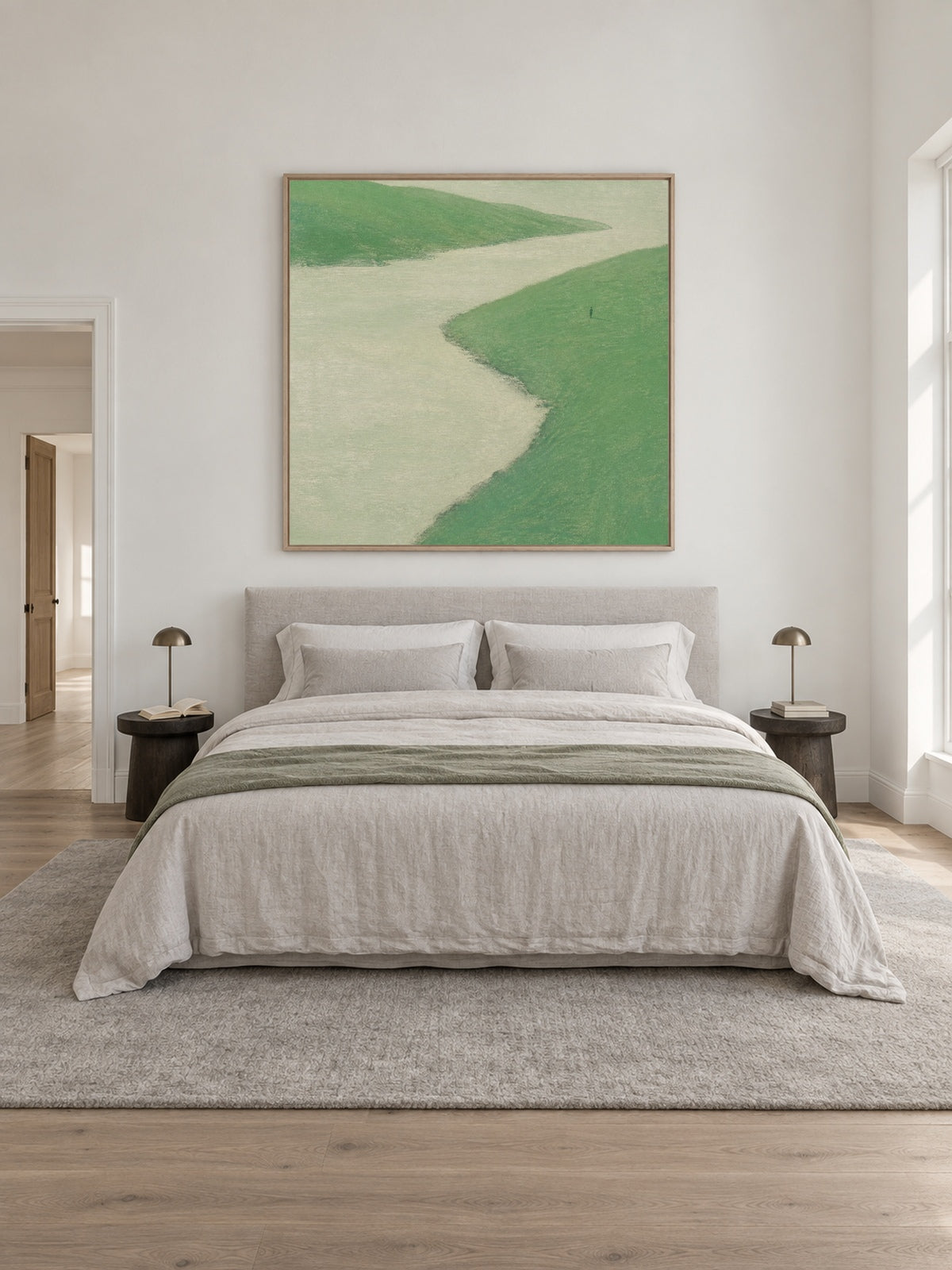 Fresh Green River Bend Canvas Art With Lone Figure For Calm Bedroom Decor