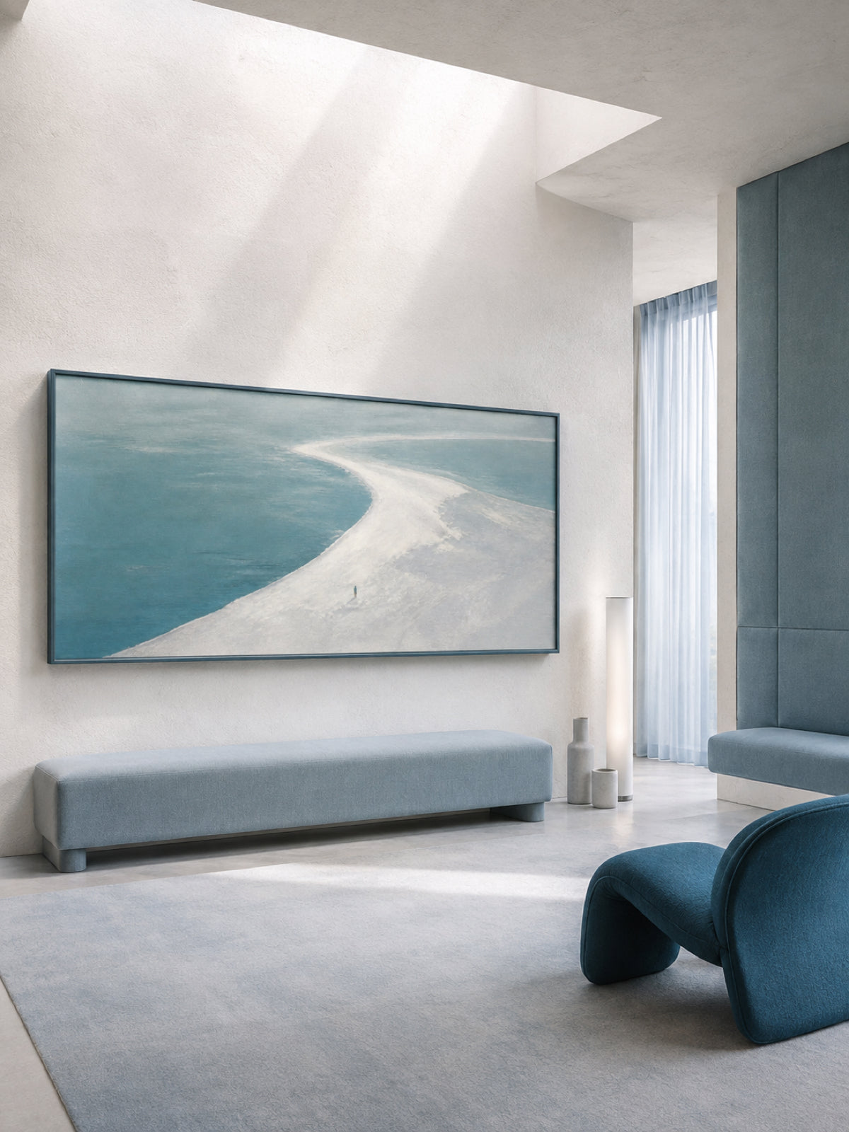 Tiny Figure On Sandbar Hand-Painted Canvas Wall Art With Blue Sea
