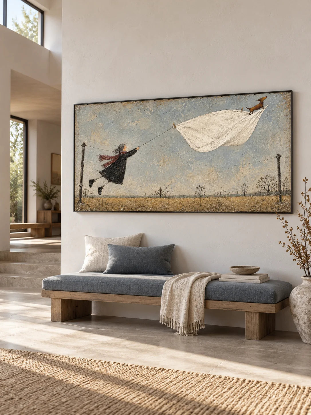 Whimsical Flying Dog Wall Art Hand Painted Playful Laundry Day Canvas Painting