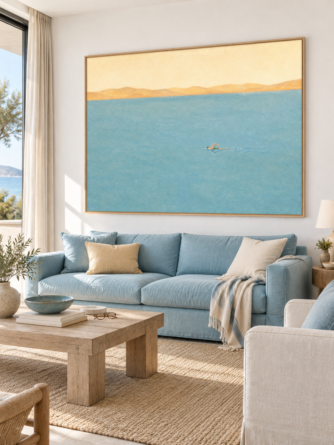 Hand-Painted Blue Swimmer Wall Art Minimalist Freestyle Art For Bedroom Decor