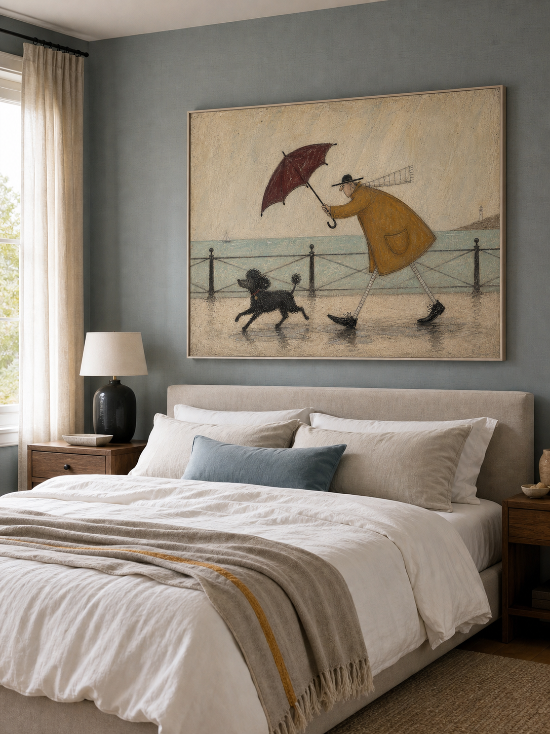 Whimsical Seaside Walk Painting With Dog For Coastal Home Decor