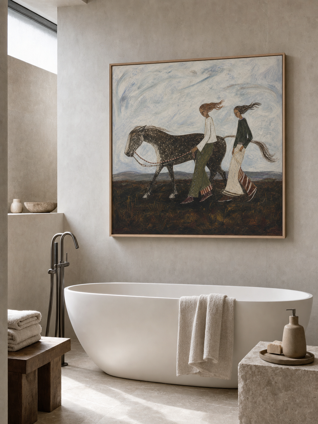Hand Painted Folk Art Horse Painting With People In Earthy Tones For Living Room Decor