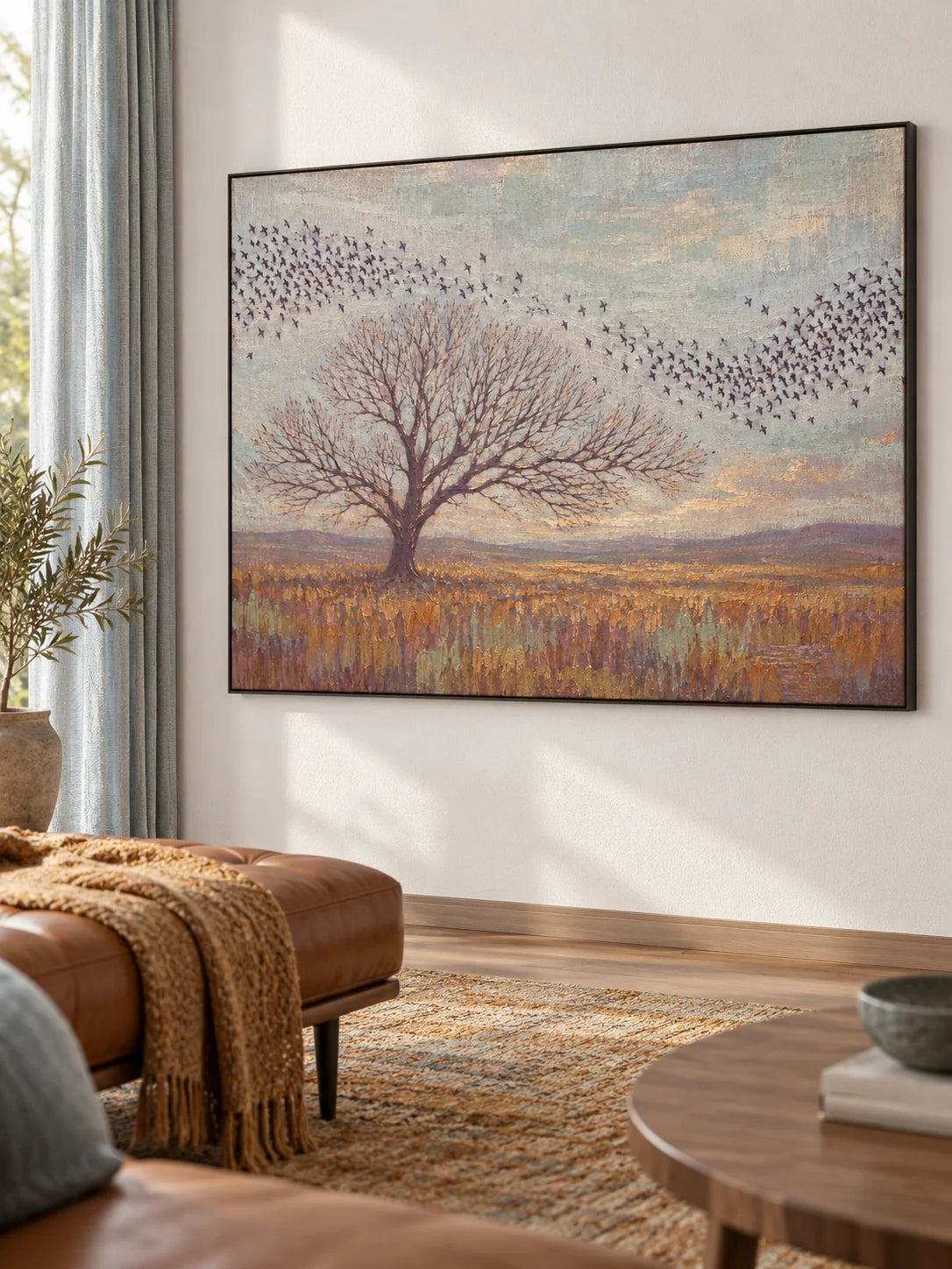 Minimalist Lone Tree Painting Large Muted Gold And Blue Nature Landscape Artwork