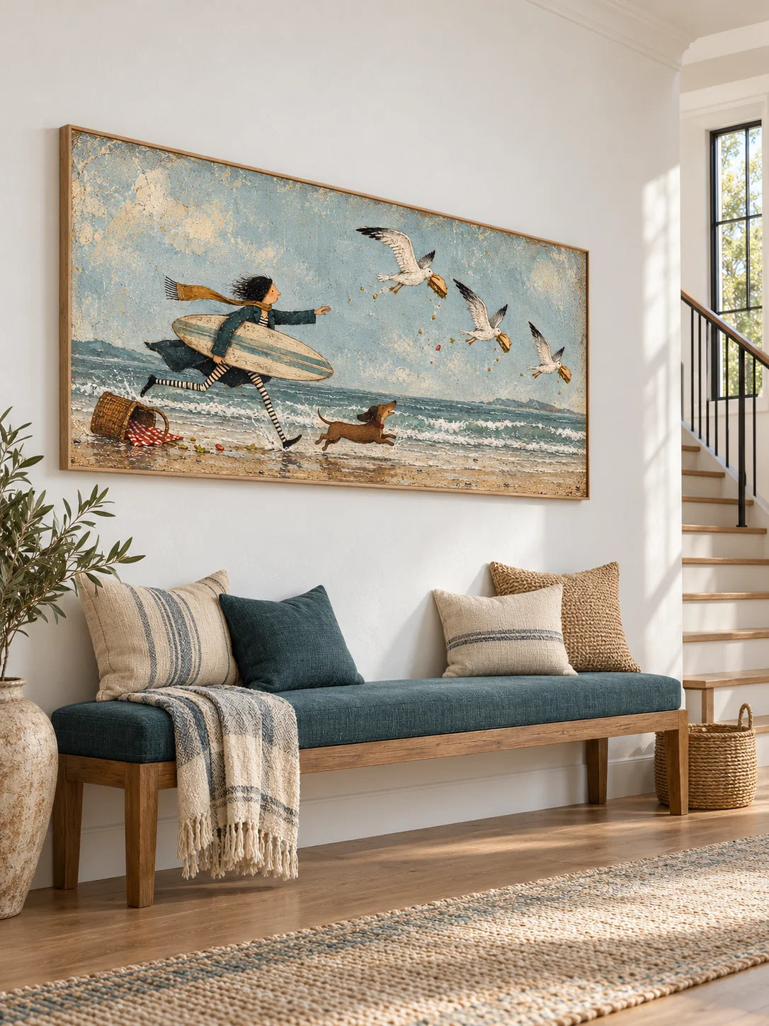 Whimsical Girl And Dachshund Beach Painting With Seagulls Hand-Painted Canvas Art
