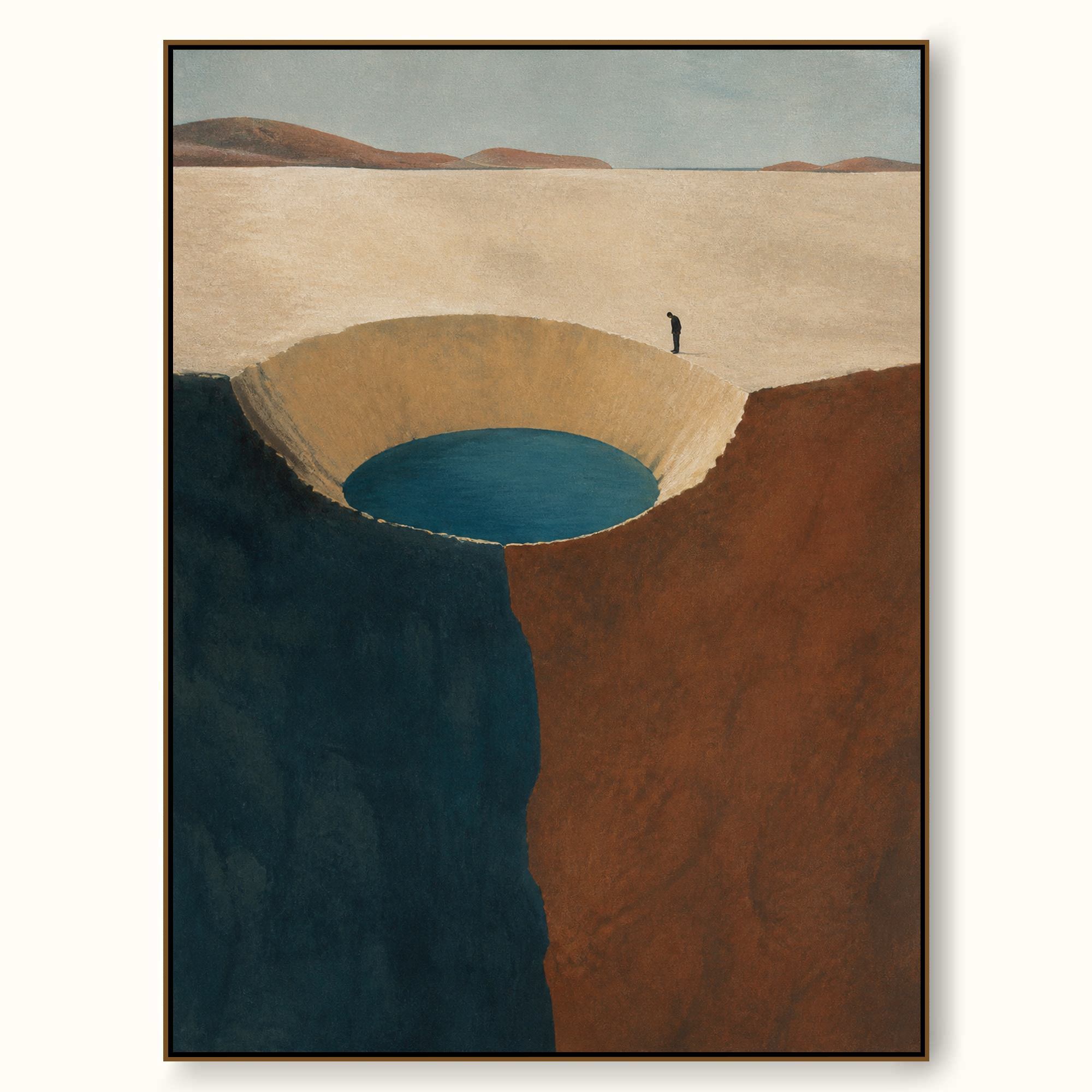 Volcanic Crater Lake Painting With Lone Explorer Hand-Painted Wall Art