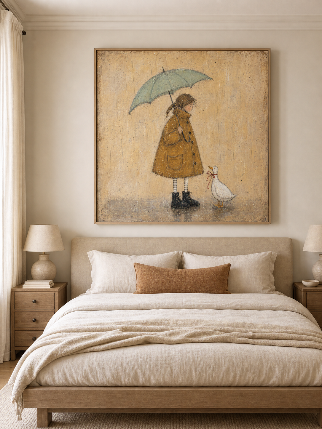 Original Handmade Painting Girl And Cute Duck In Rain Minimalist Wall Art