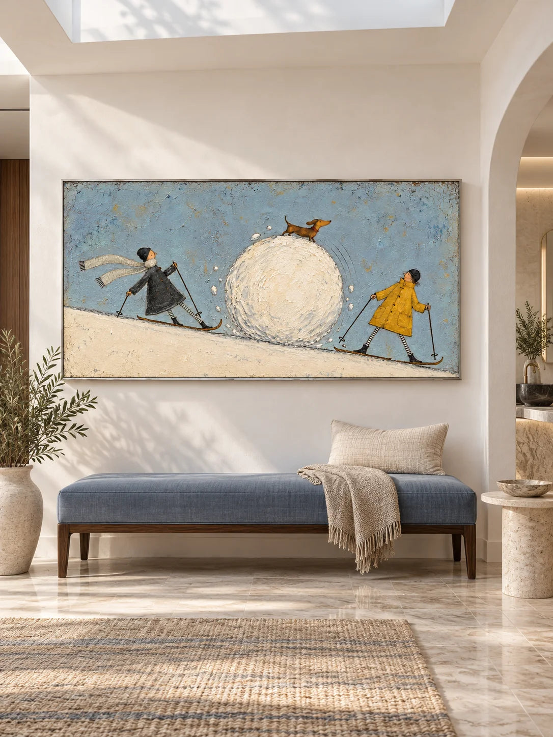 Whimsical Skiing Dog Hand-Painted Canvas Art With Snow Story