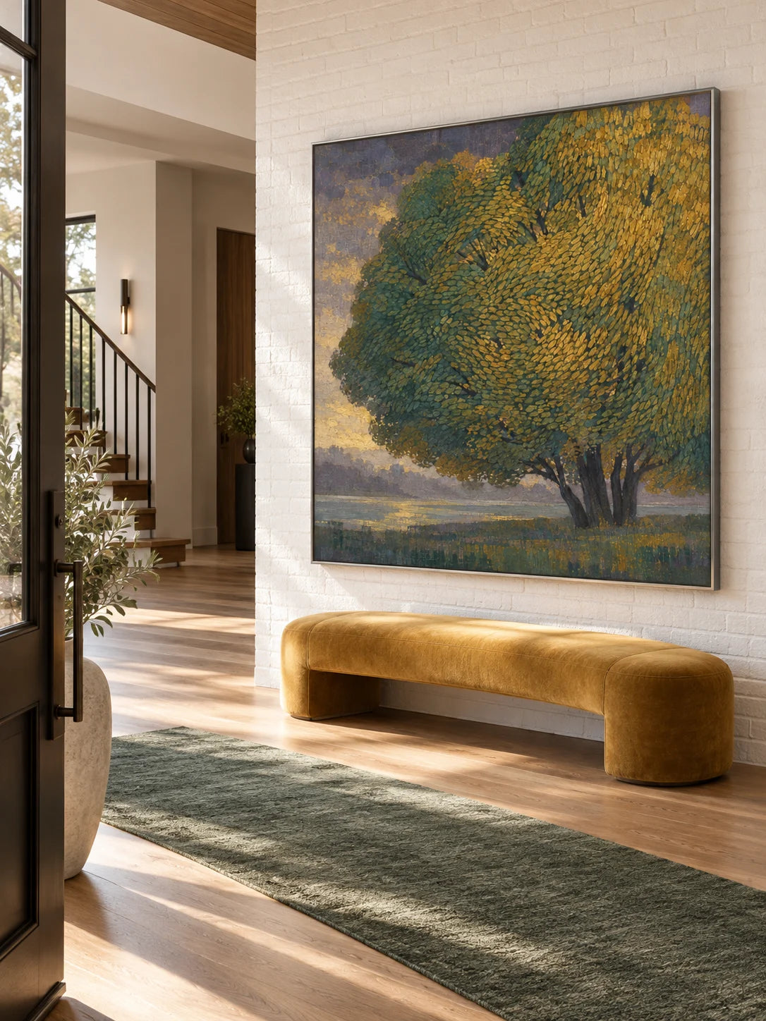 Majestic Tree By Lake Hand-Painted Canvas Art In Gold And Green