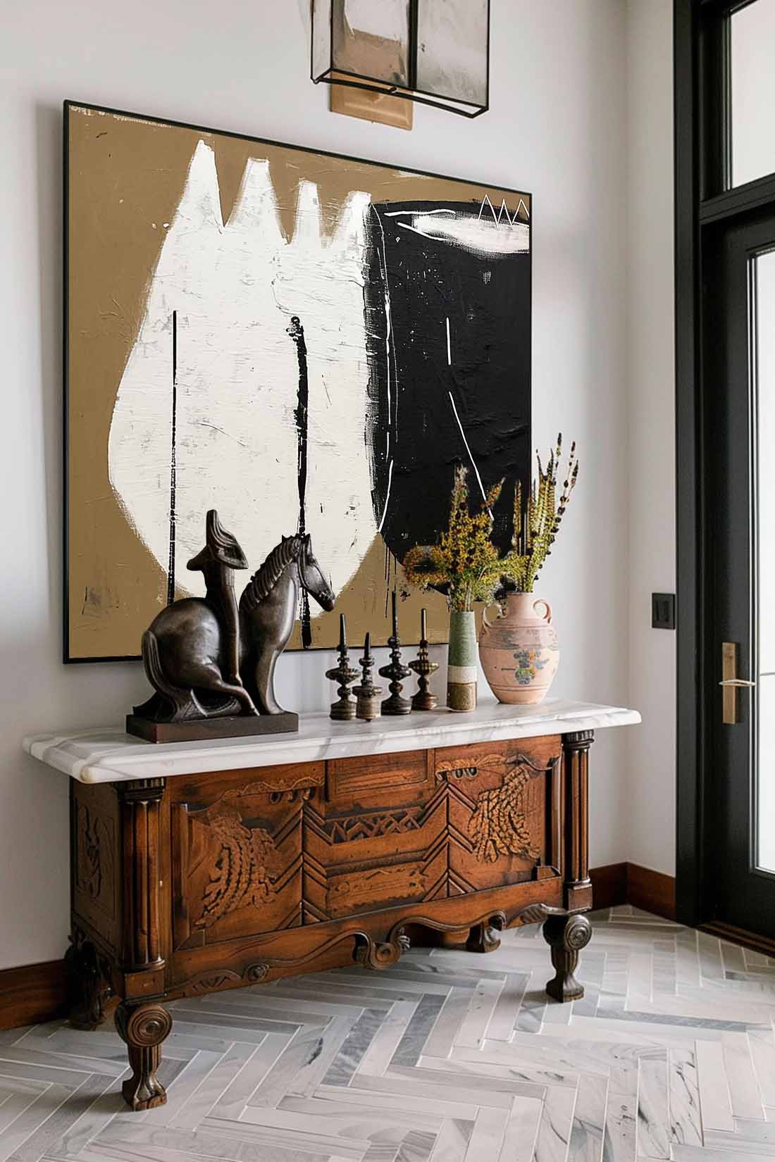 Large Black And Beige Vintage Canvas Art Abstract Retro Wall Decor Large Original Art Retro Neutral Decor