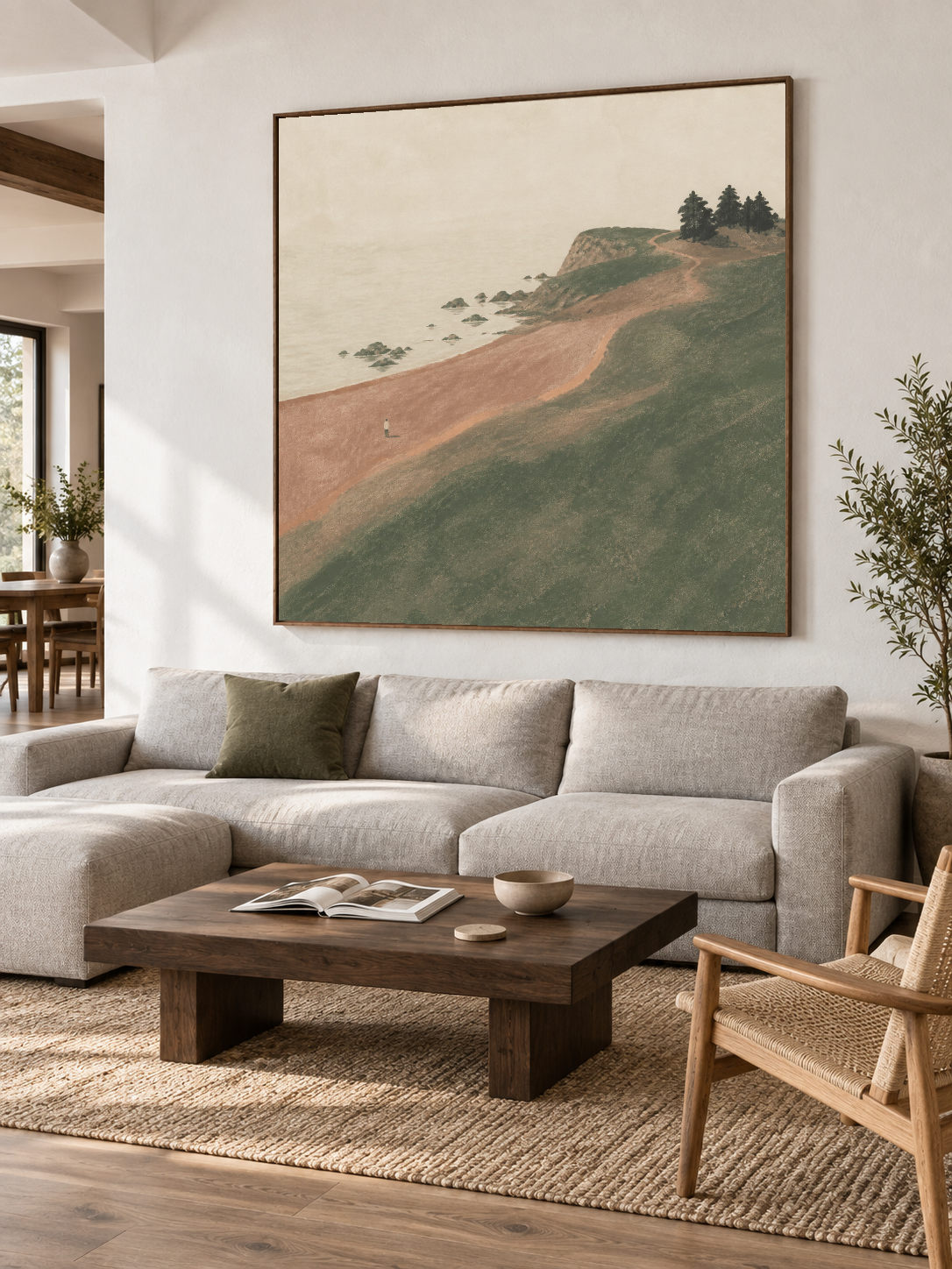 Coastal Cliff Landscape Hand-Painted Canvas Art With Solitary Figure And Pine Trees