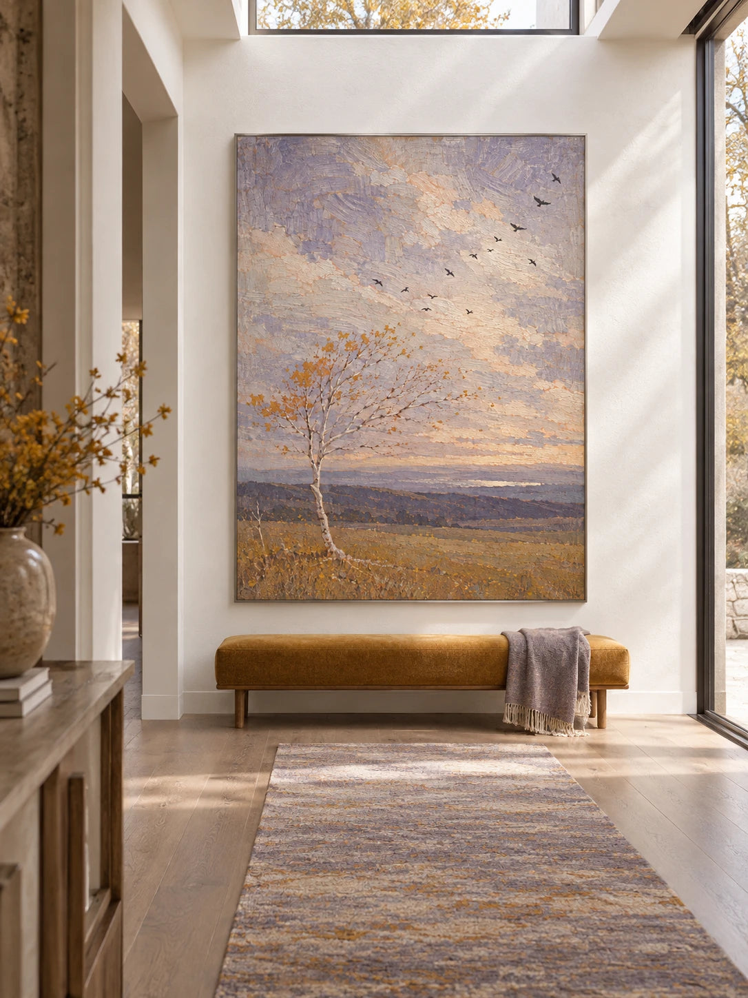 Large Hand Painted Autumn Birch And Birds Landscape Wall Art
